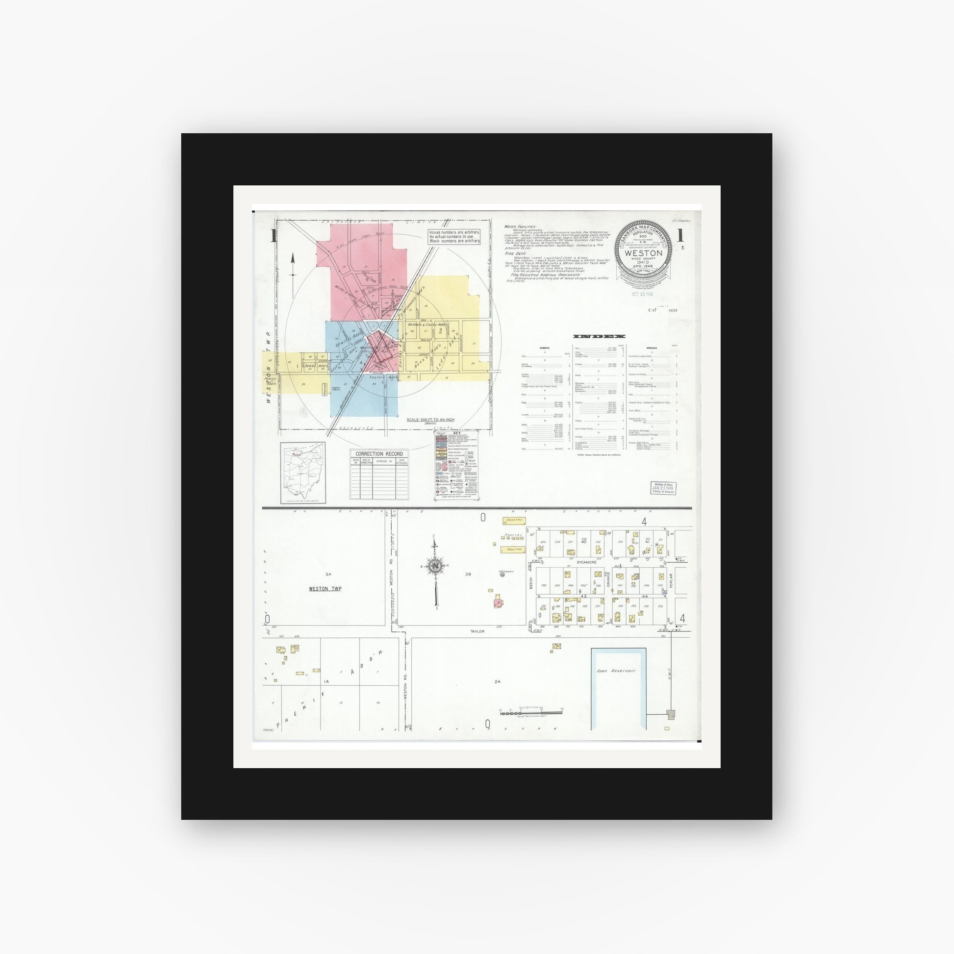 Old map wall art mockup — black gallery frame with white mat — Sanborn Fire Insurance Map from Weston, Wood County, Ohio (1948), Sheet #0001