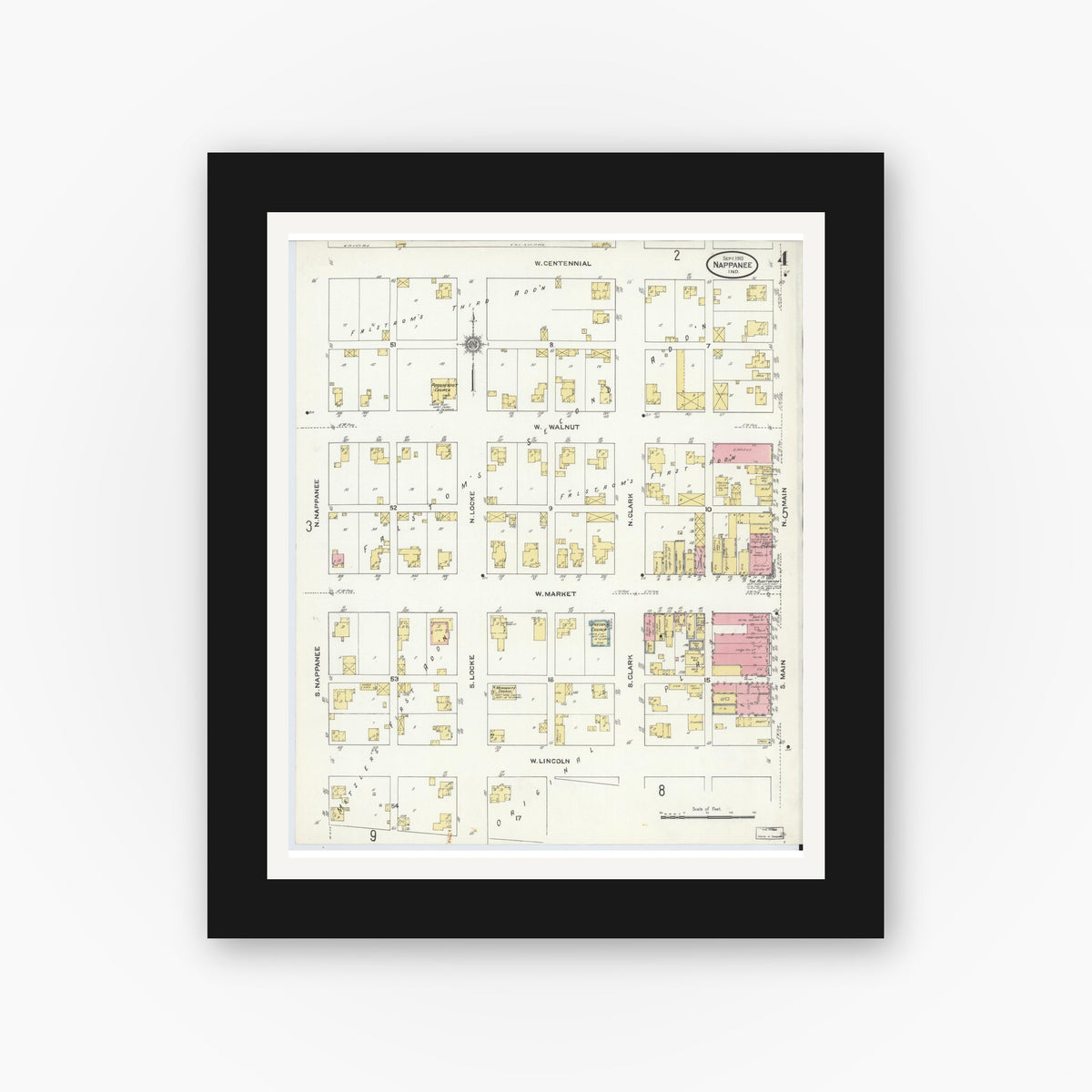 Old map wall art mockup — black gallery frame with white mat — Sanborn Fire Insurance Map from Nappanee, Elkhart County, Indiana (1910), Sheet #0004