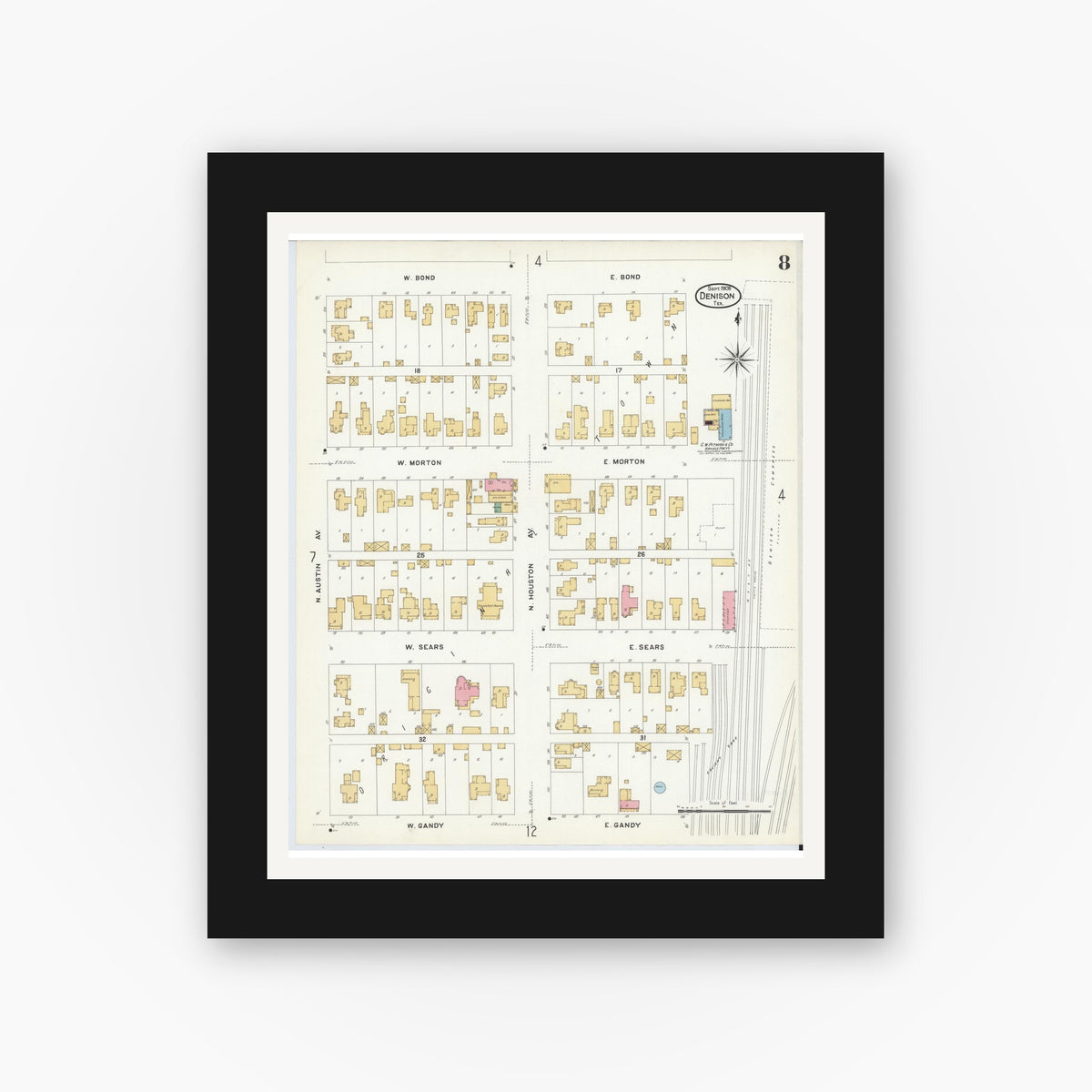 Old map wall art mockup — black gallery frame with white mat — Sanborn Fire Insurance Map from Denison, Grayson County, Texas (1908), Sheet #0008