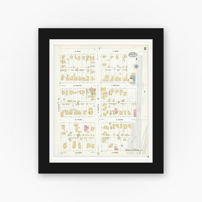 Old map wall art mockup — black gallery frame with white mat — Sanborn Fire Insurance Map from Denison, Grayson County, Texas (1908), Sheet #0008