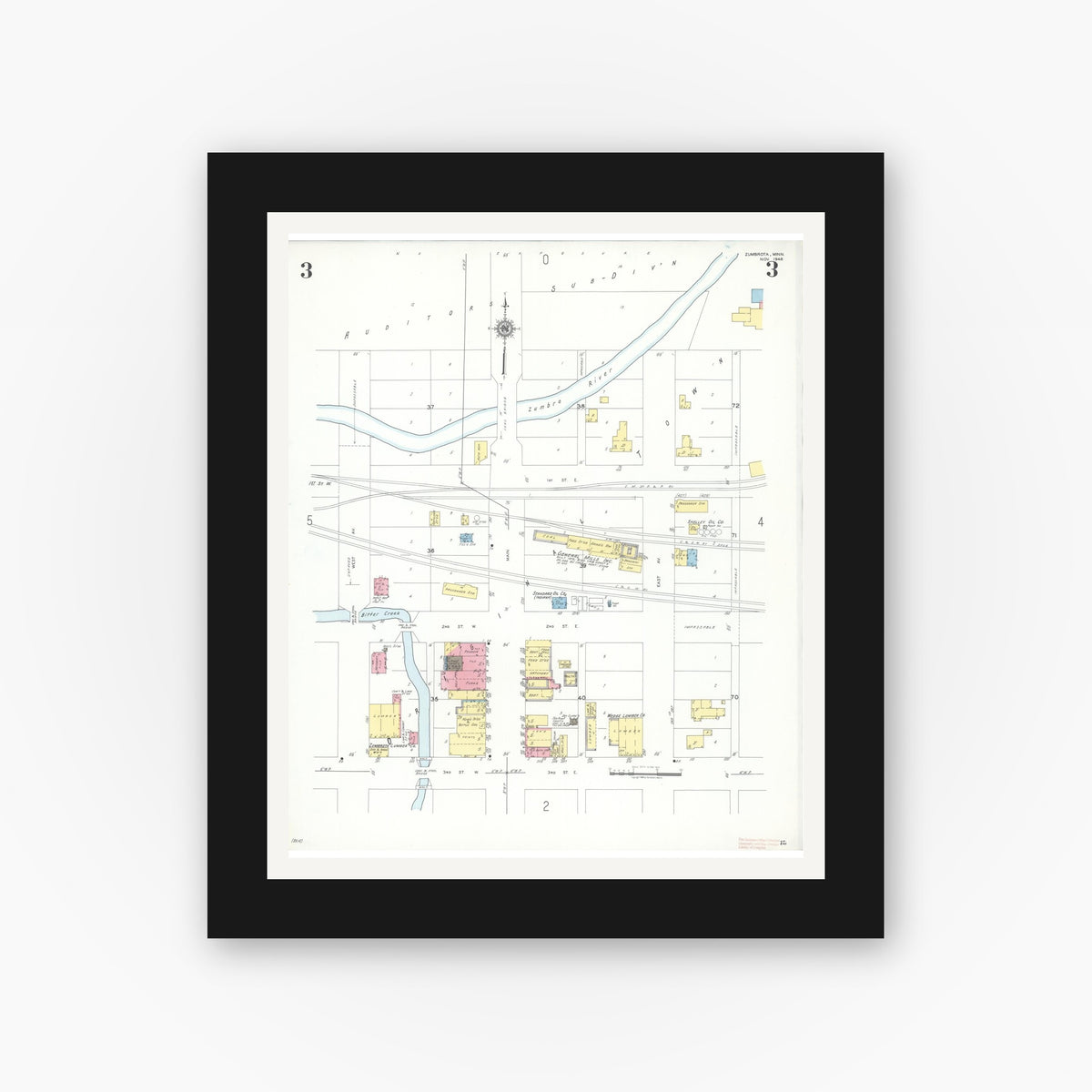 Old map wall art mockup — black gallery frame with white mat — Sanborn Fire Insurance Map from Zumbrota, Goodhue County, Minnesota (1948), Sheet #0003