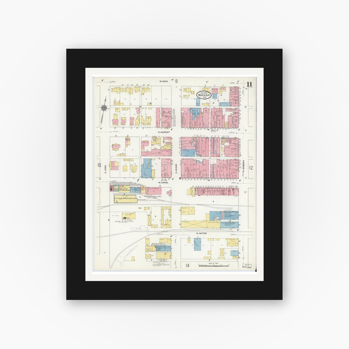 Old map wall art mockup — black gallery frame with white mat — Sanborn Fire Insurance Map from Wabash, Wabash County, Indiana (1910), Sheet #0011