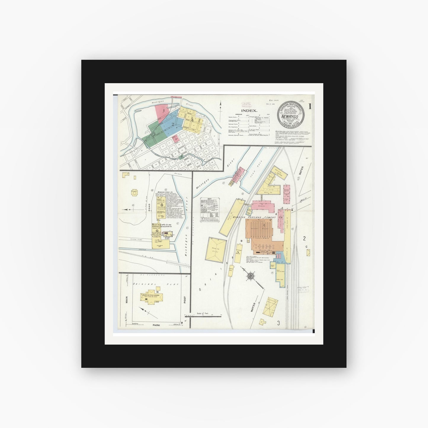 Old map wall art mockup — black gallery frame with white mat — Sanborn Fire Insurance Map from Newaygo, Newaygo County, Michigan (1911), Sheet #0001