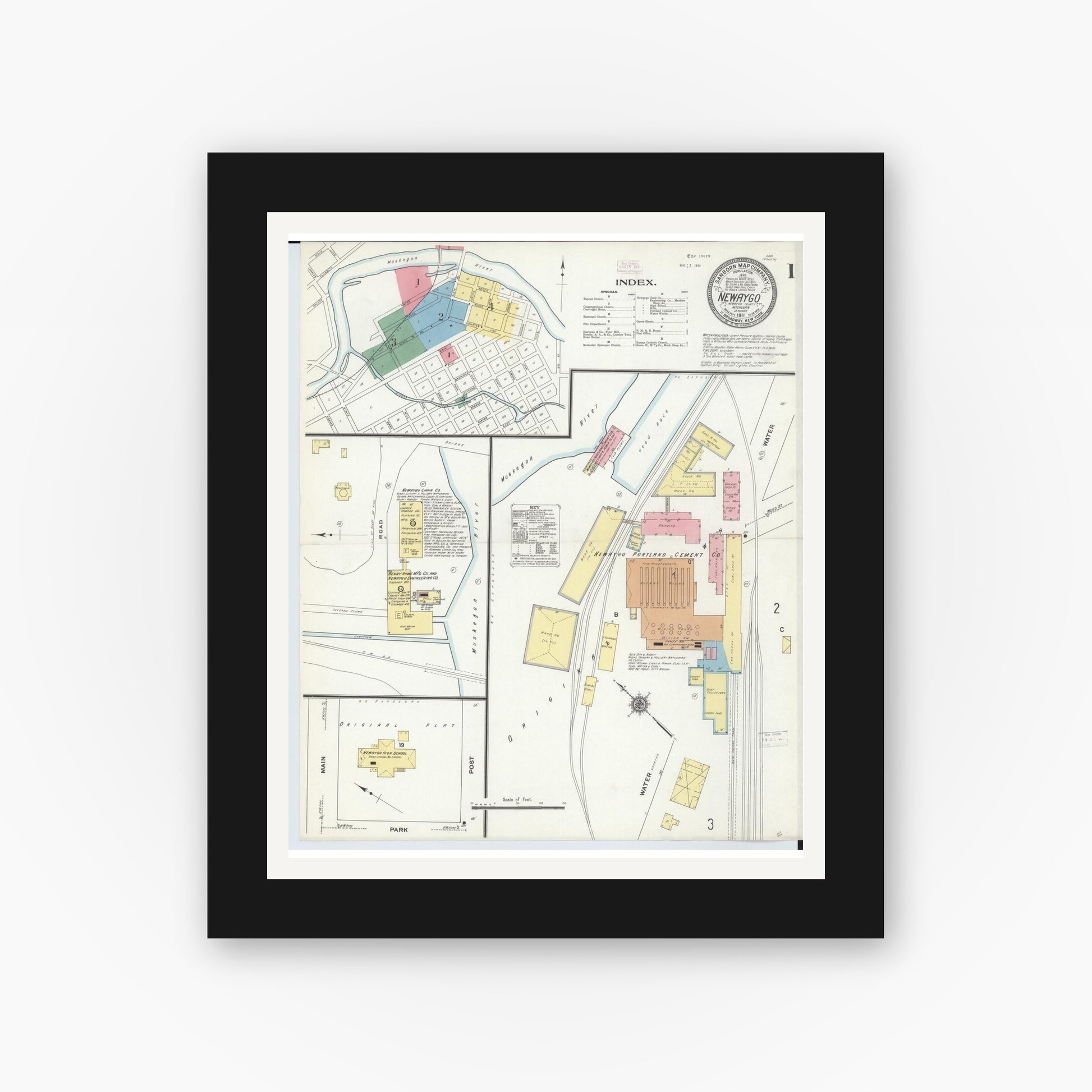 Old map wall art mockup — black gallery frame with white mat — Sanborn Fire Insurance Map from Newaygo, Newaygo County, Michigan (1911), Sheet #0001