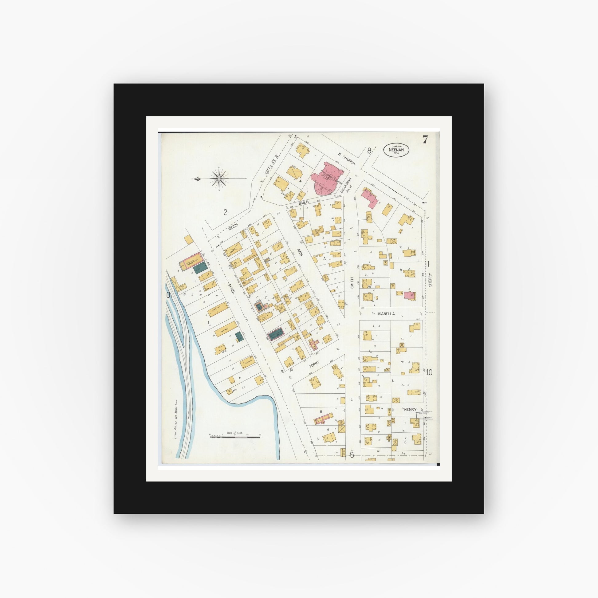 Old map wall art mockup — black gallery frame with white mat — Sanborn Fire Insurance Map from Neenah, Winnebago County, Wisconsin (1906), Sheet #0007