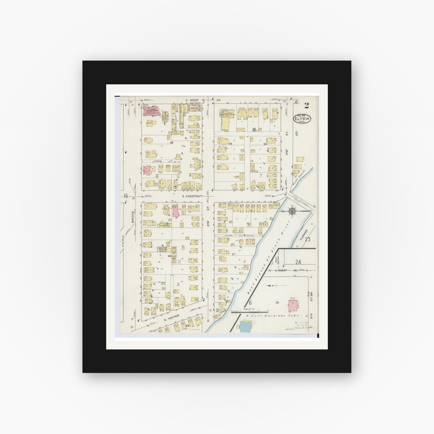 Old map wall art mockup — black gallery frame with white mat — Sanborn Fire Insurance Map from Elyria, Lorain County, Ohio (1915), Sheet #0002