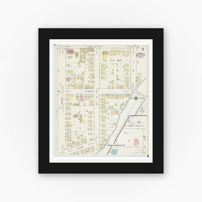 Old map wall art mockup — black gallery frame with white mat — Sanborn Fire Insurance Map from Elyria, Lorain County, Ohio (1915), Sheet #0002