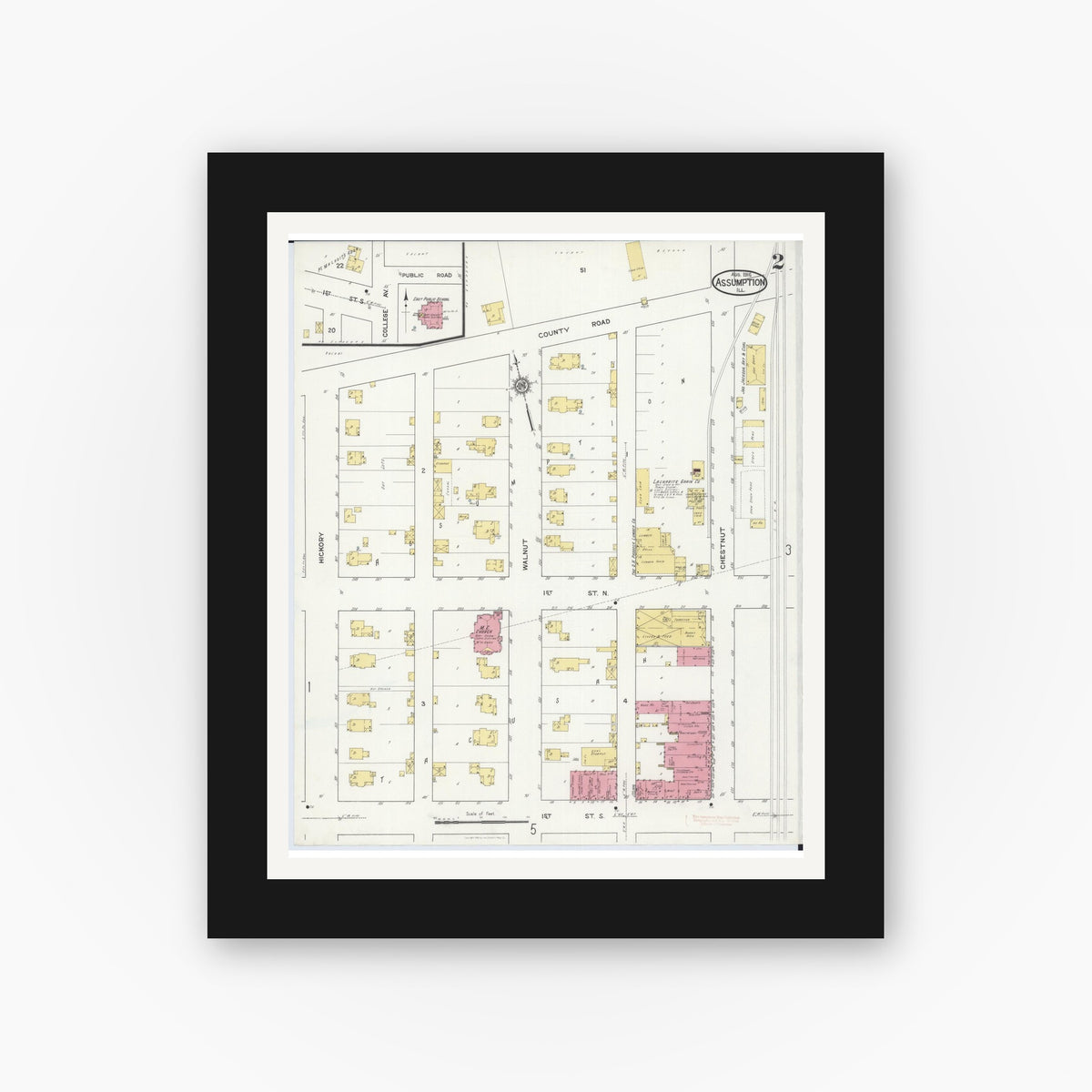Old map wall art mockup — black gallery frame with white mat — Sanborn Fire Insurance Map from Assumption, Christian County, Illinois (1916), Sheet #0002