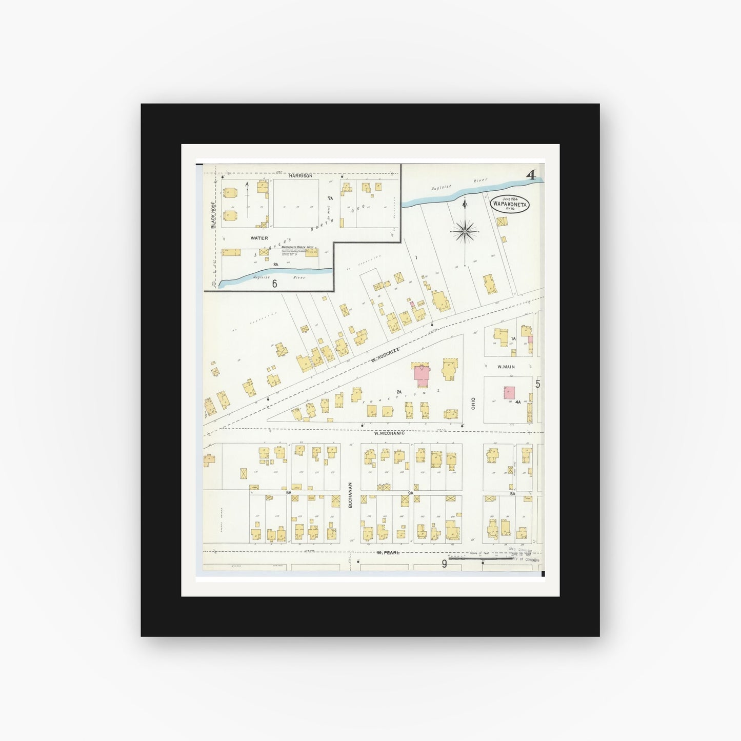 Old map wall art mockup — black gallery frame with white mat — Sanborn Fire Insurance Map from Wapakoneta, Auglaize County, Ohio (1904), Sheet #0004