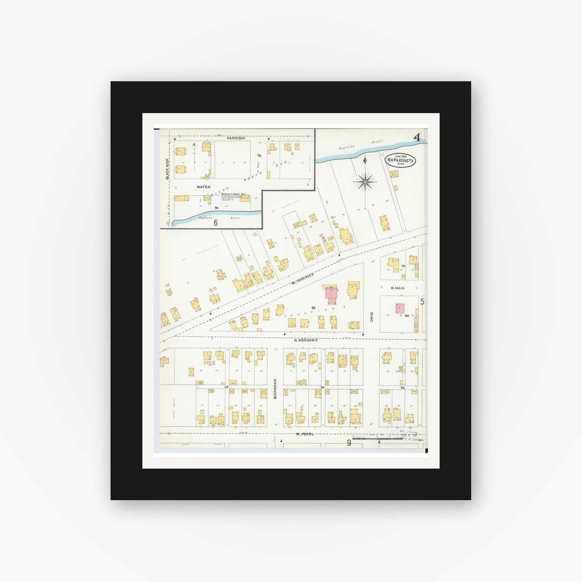 Old map wall art mockup — black gallery frame with white mat — Sanborn Fire Insurance Map from Wapakoneta, Auglaize County, Ohio (1904), Sheet #0004