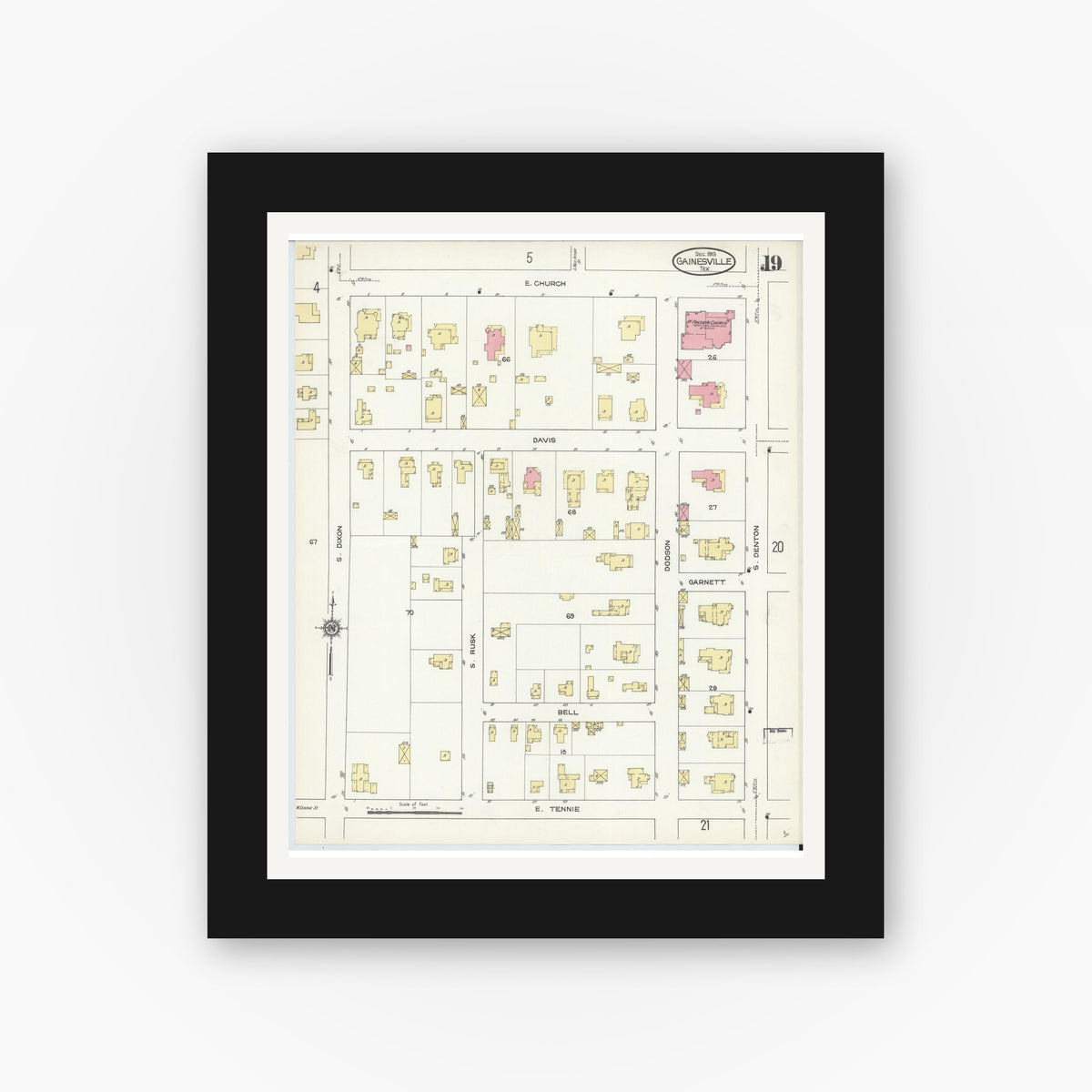 Old map wall art mockup — black gallery frame with white mat — Sanborn Fire Insurance Map from Gainesville, Cooke County, Texas (1913), Sheet #0019