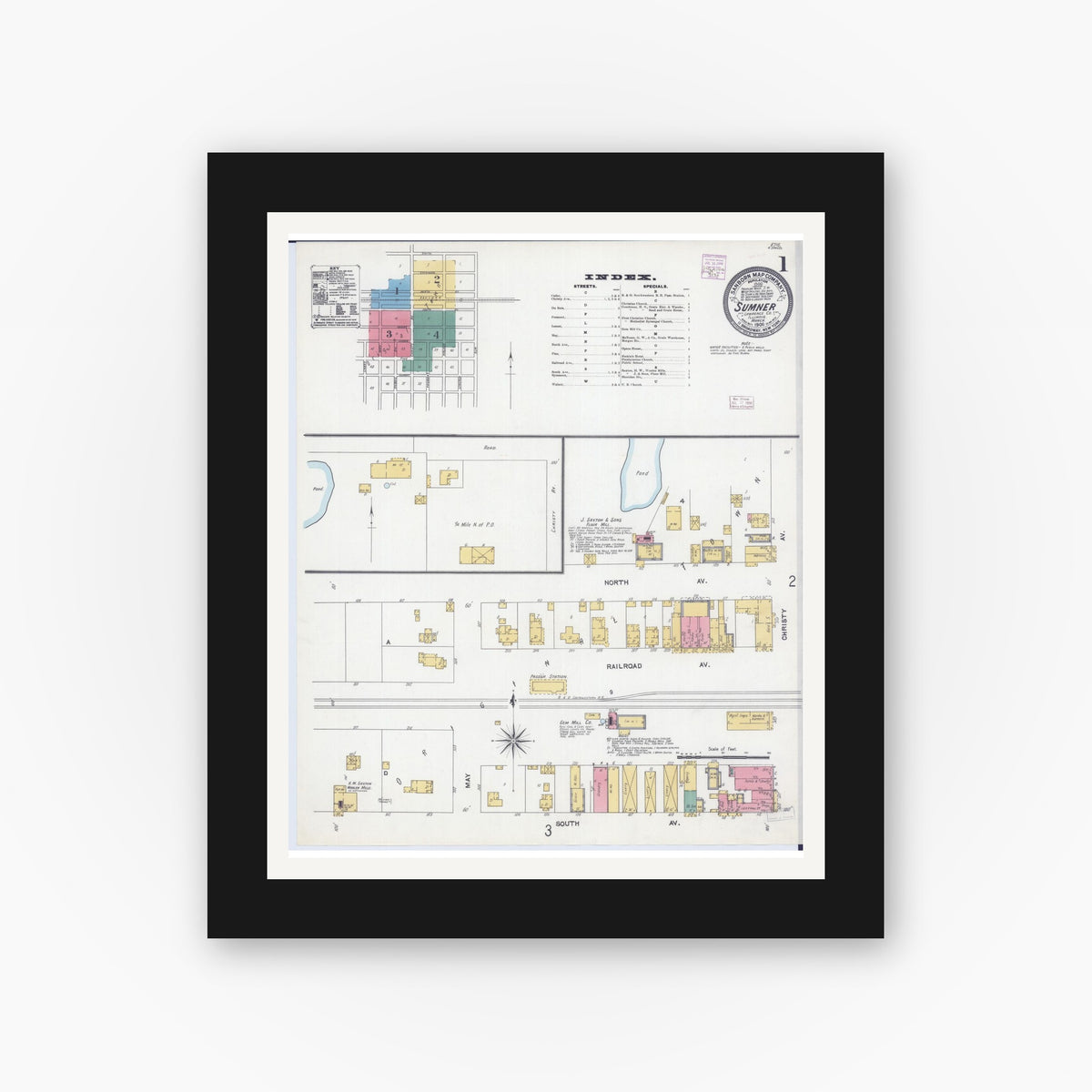 Old map wall art mockup — black gallery frame with white mat — Sanborn Fire Insurance Map from Sumner, Lawrence County, Illinois (1906), Sheet #0001