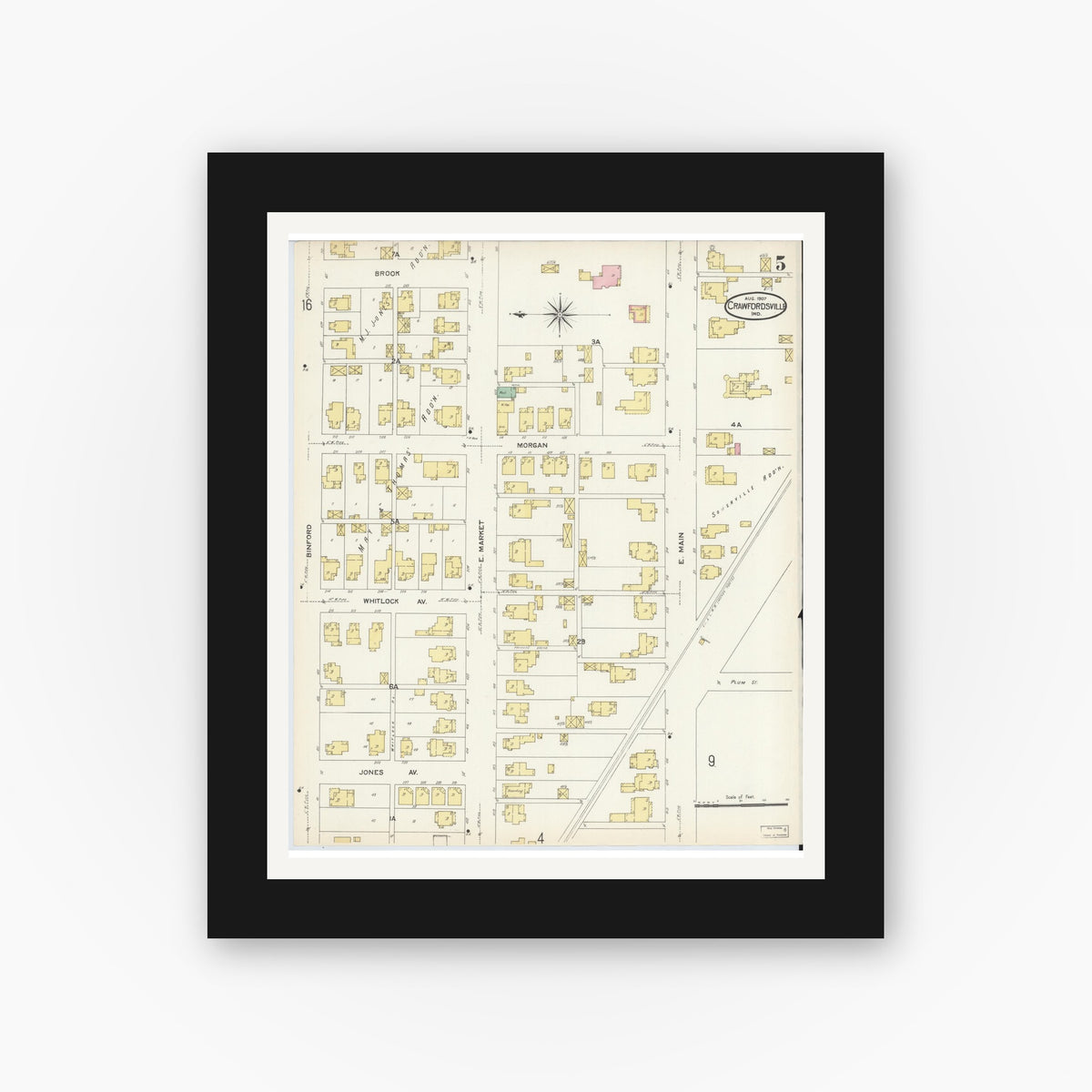 Old map wall art mockup — black gallery frame with white mat — Sanborn Fire Insurance Map from Crawfordsville, Montgomery County, Indiana (1907), Sheet #0005