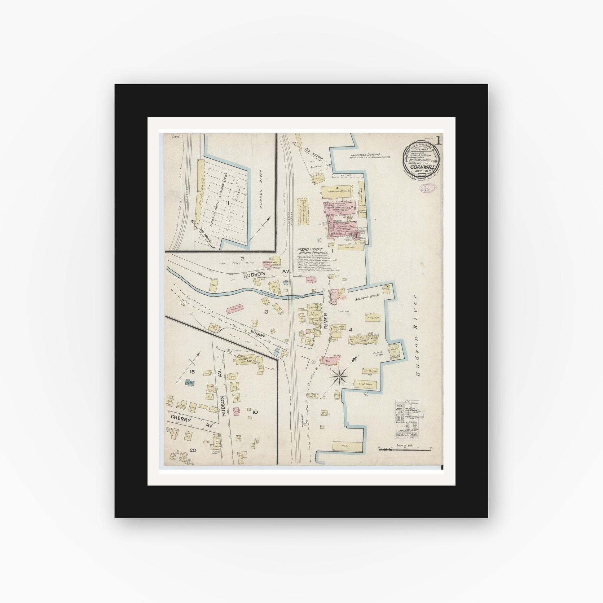 Old map wall art mockup — black gallery frame with white mat — Sanborn Fire Insurance Map from Cornwall, Orange County, New York (1887) - Complete Map Set