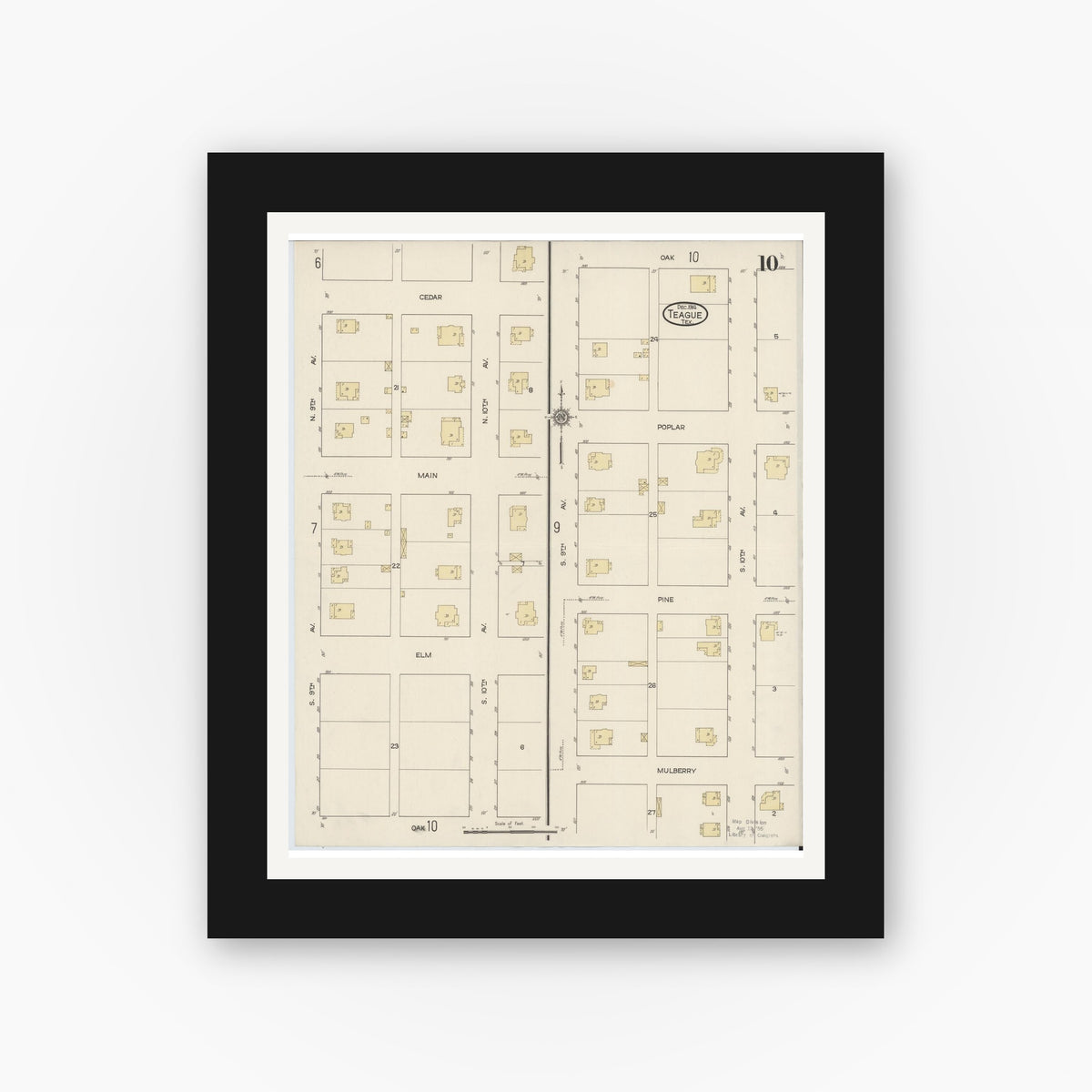 Old map wall art mockup — black gallery frame with white mat — Sanborn Fire Insurance Map from Teague, Freestone County, Texas (1914), Sheet #0010