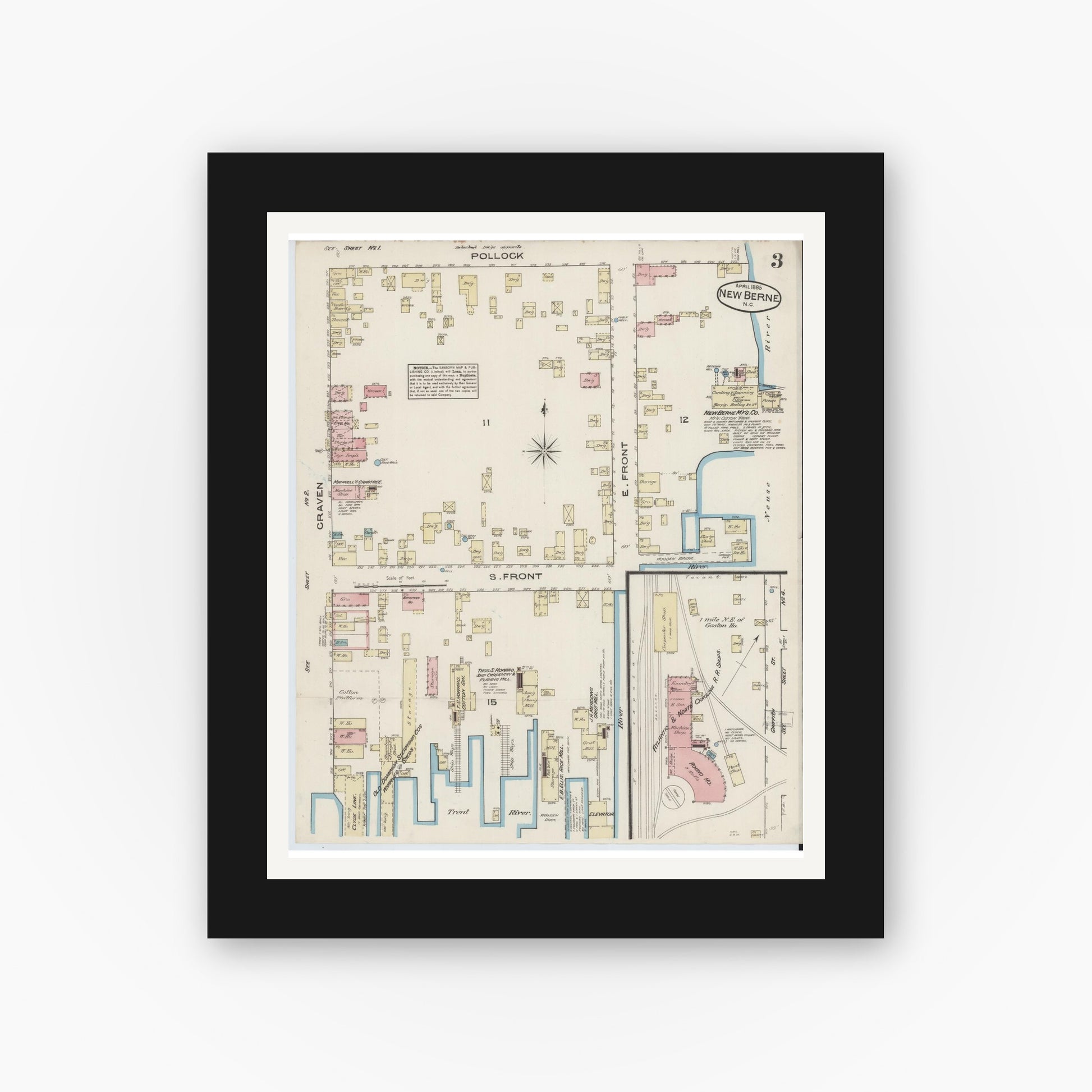 Old map wall art mockup — black gallery frame with white mat — Sanborn Fire Insurance Map from New Bern, Craven County, North Carolina (1885), Sheet #0003