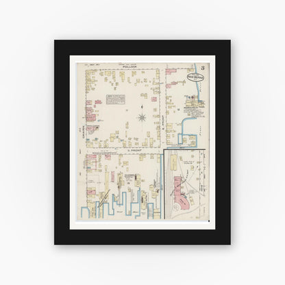 Old map wall art mockup — black gallery frame with white mat — Sanborn Fire Insurance Map from New Bern, Craven County, North Carolina (1885), Sheet #0003