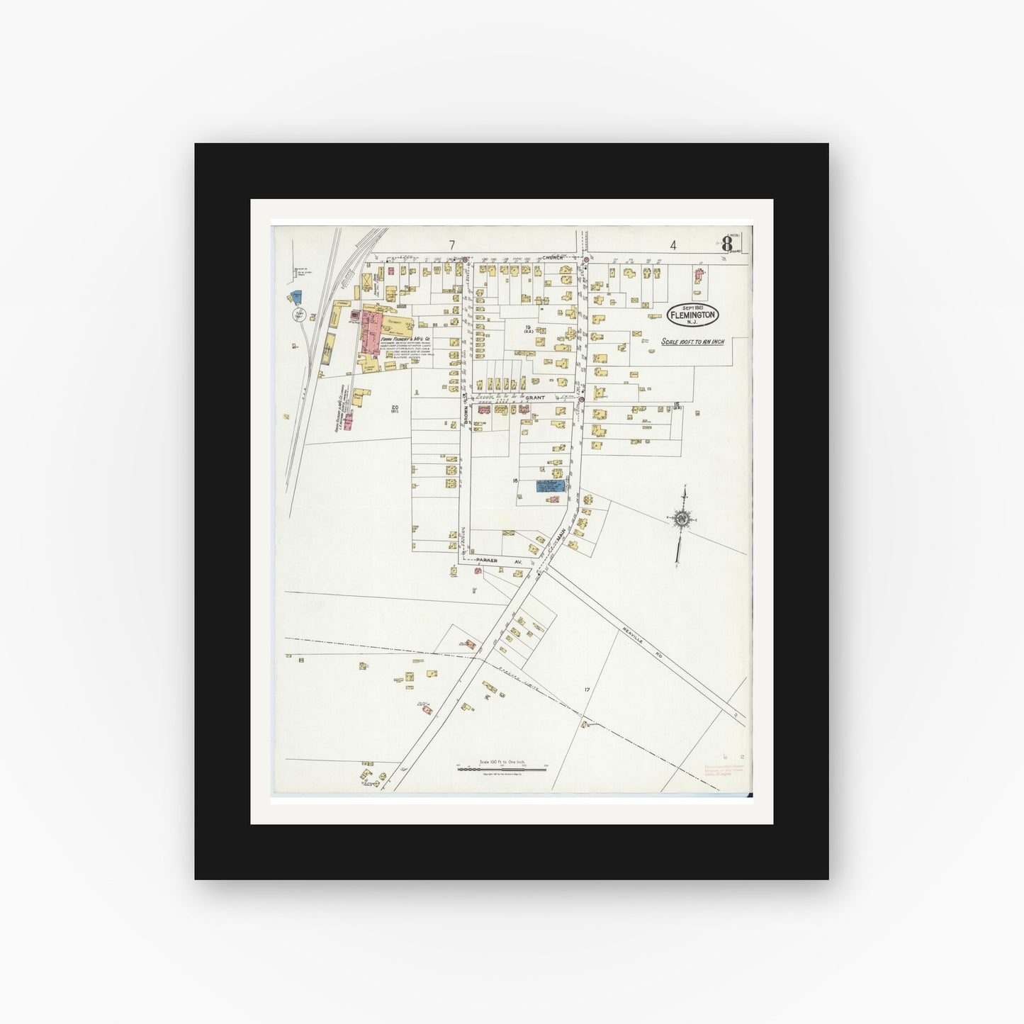 Old map wall art mockup — black gallery frame with white mat — Sanborn Fire Insurance Map from Flemington, Hunterdon County, New Jersey (1921), Sheet #0008