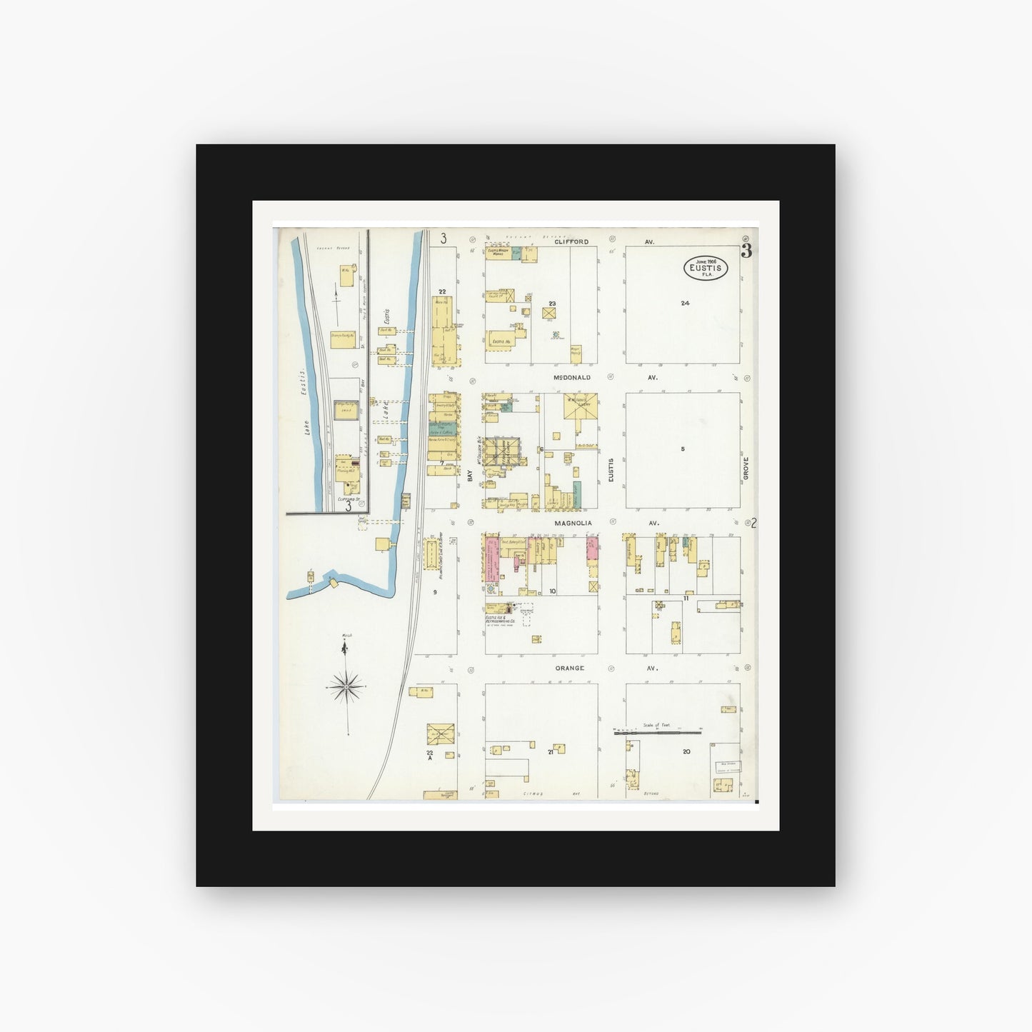 Old map wall art mockup — black gallery frame with white mat — Sanborn Fire Insurance Map from Eustis, Lake County, Florida (1906), Sheet #0003