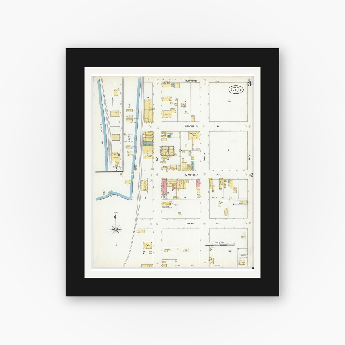 Old map wall art mockup — black gallery frame with white mat — Sanborn Fire Insurance Map from Eustis, Lake County, Florida (1906), Sheet #0003