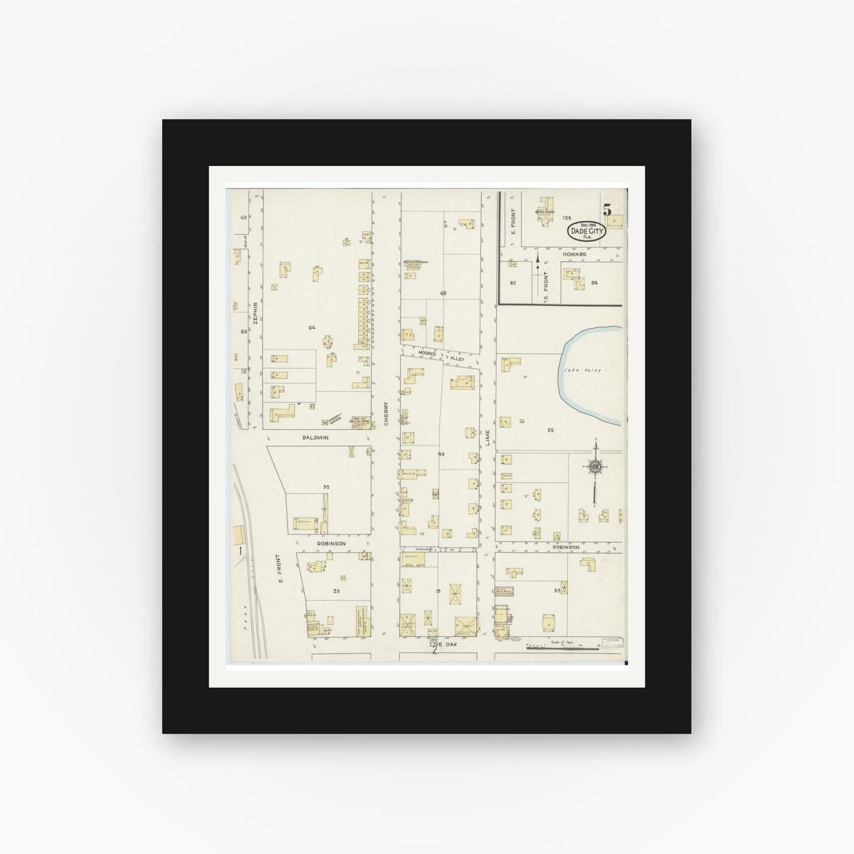 Old map wall art mockup — black gallery frame with white mat — Sanborn Fire Insurance Map from Dade City, Pasco County, Florida (1914), Sheet #0005