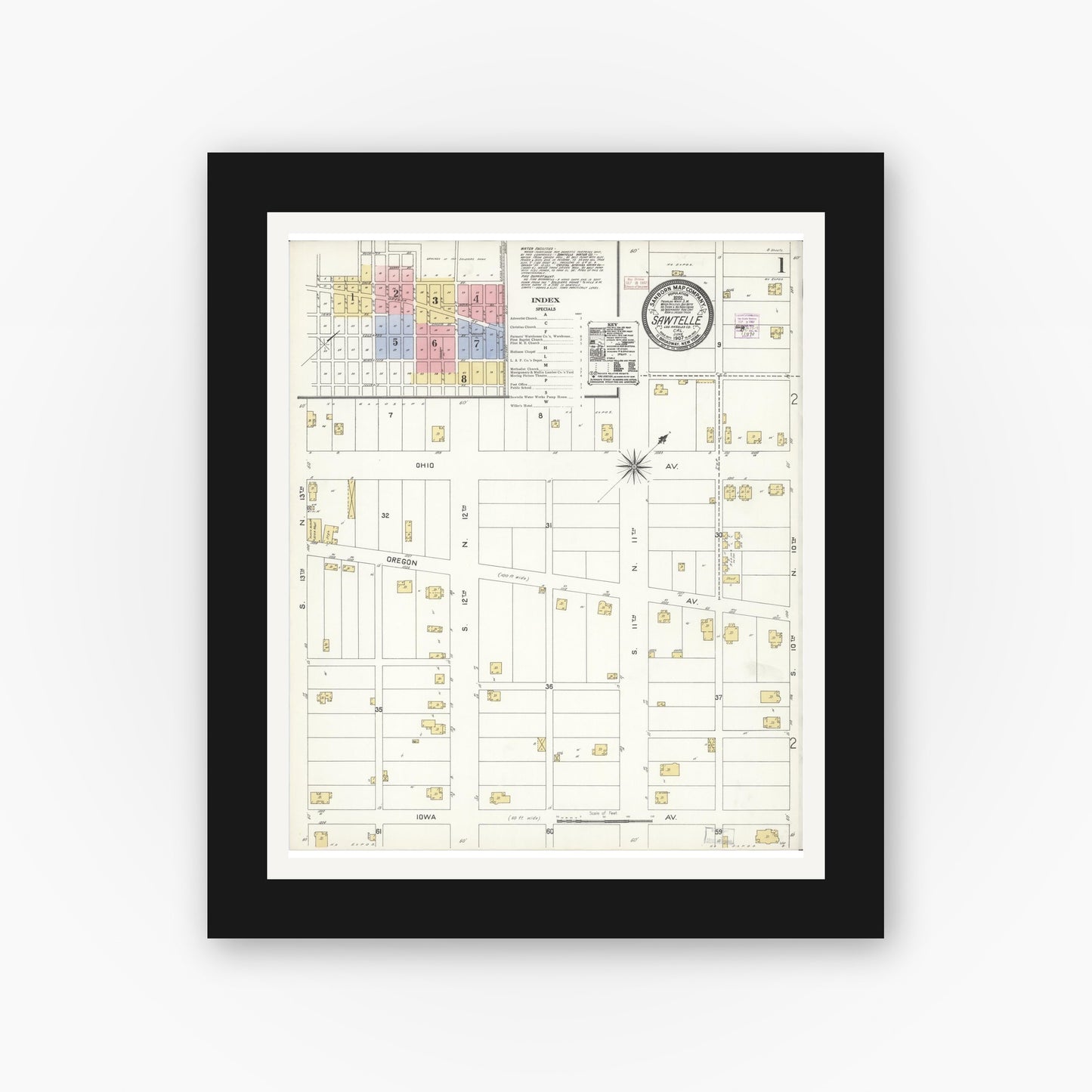 Old map wall art mockup — black gallery frame with white mat — Sanborn Fire Insurance Map from Sawtelle, Los Angeles County, California (1907) - Complete Map Set