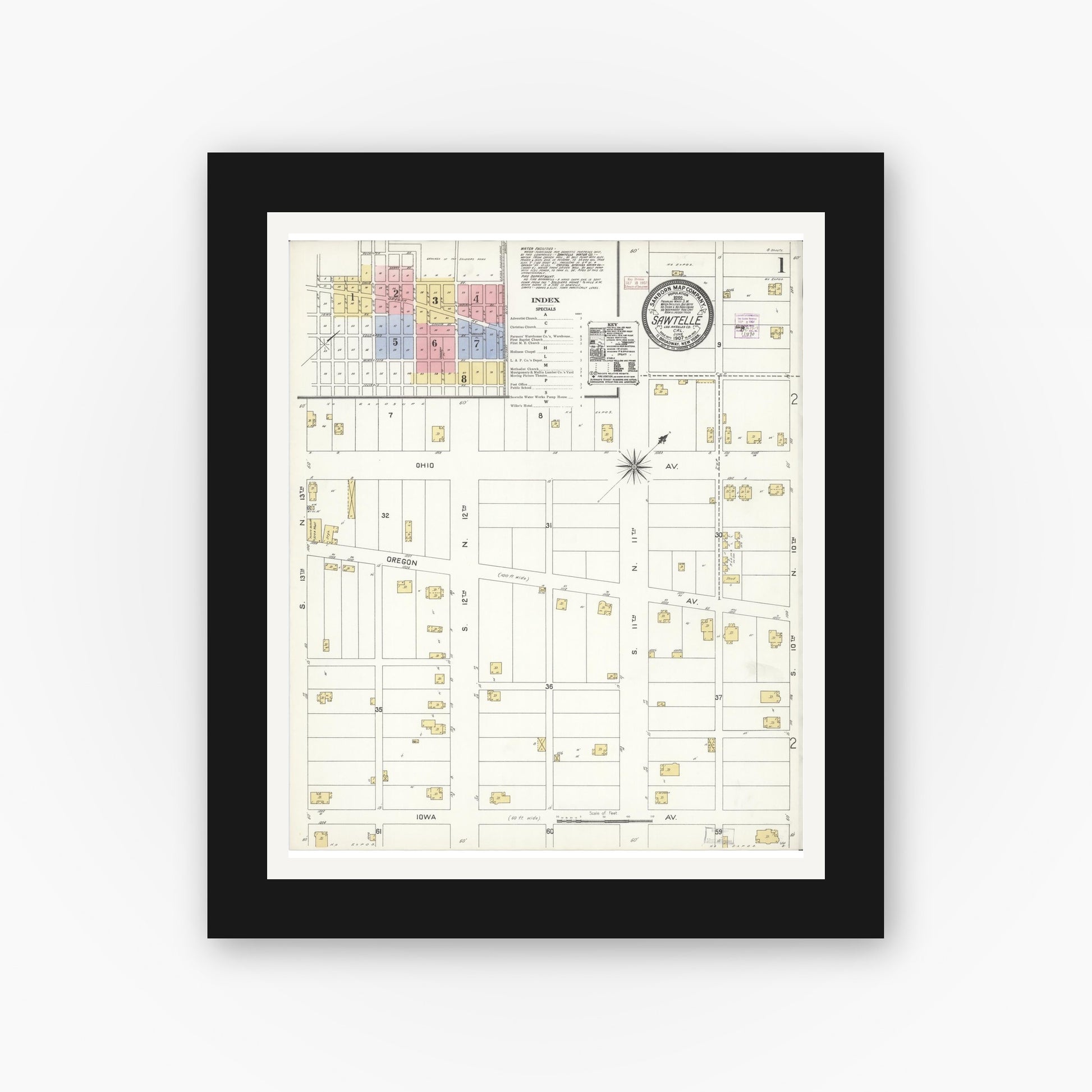 Old map wall art mockup — black gallery frame with white mat — Sanborn Fire Insurance Map from Sawtelle, Los Angeles County, California (1907) - Complete Map Set