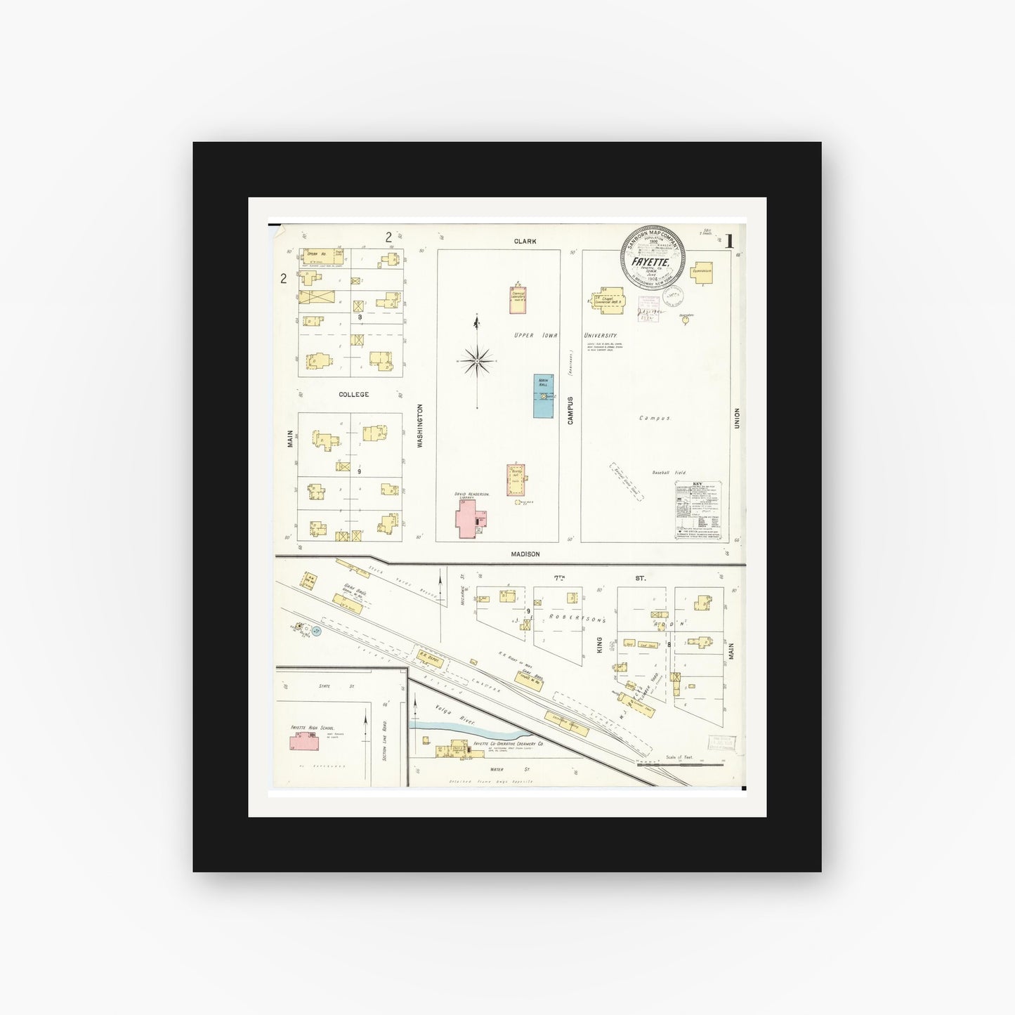 Old map wall art mockup — black gallery frame with white mat — Sanborn Fire Insurance Map from Fayette, Fayette County, Iowa (1902) â€” Complete Set