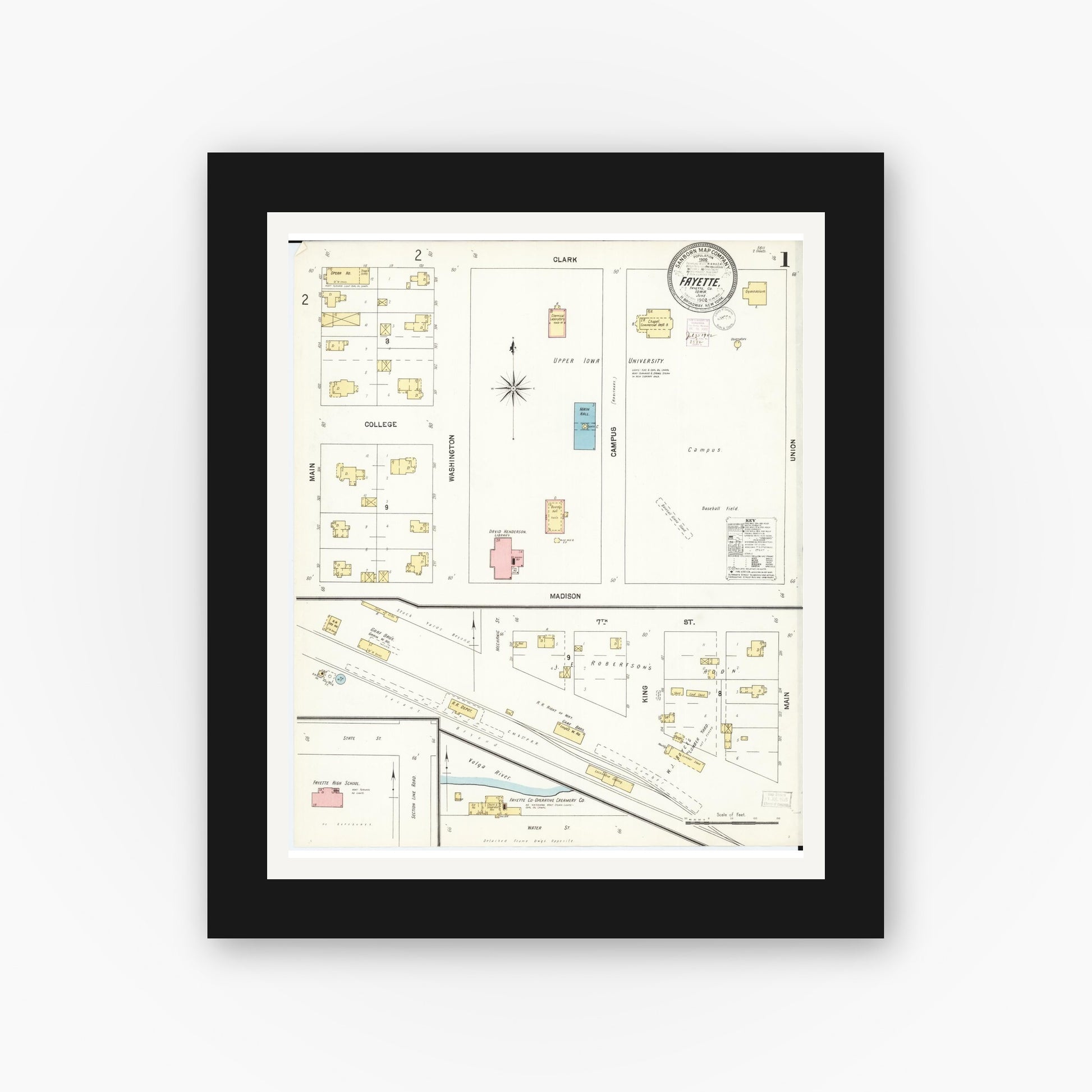 Old map wall art mockup — black gallery frame with white mat — Sanborn Fire Insurance Map from Fayette, Fayette County, Iowa (1902) â€” Complete Set