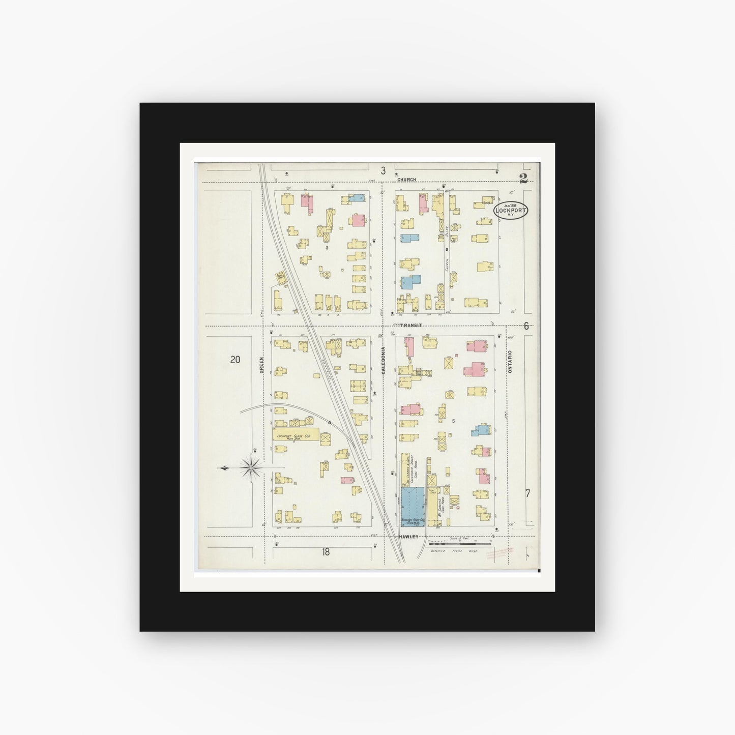 Old map wall art mockup — black gallery frame with white mat — Sanborn Fire Insurance Map from Lockport, Niagara County, New York (1898) - Complete Map Set