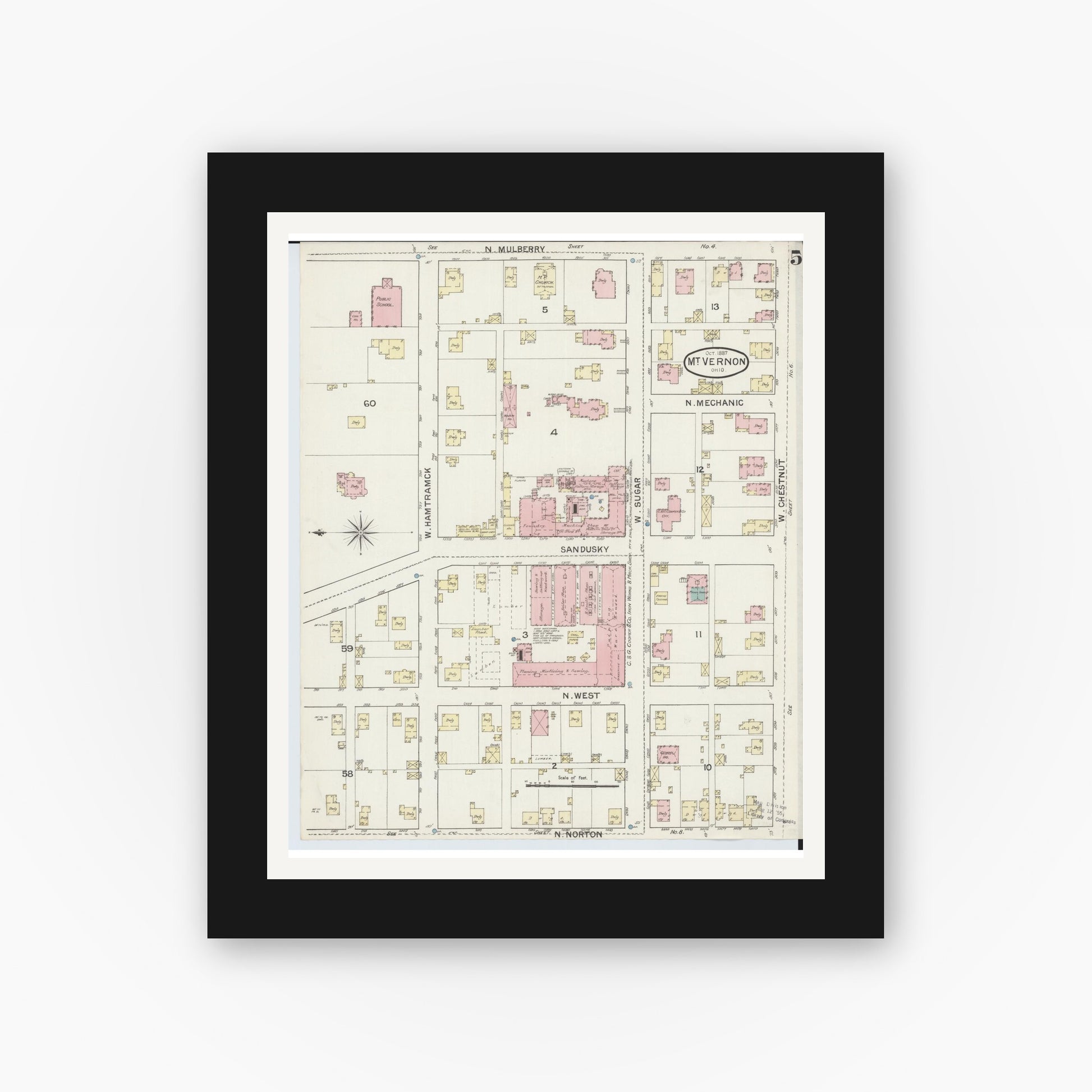 Old map wall art mockup — black gallery frame with white mat — Sanborn Fire Insurance Map from Mount Vernon, Knox County, Ohio (1887), Sheet #0005