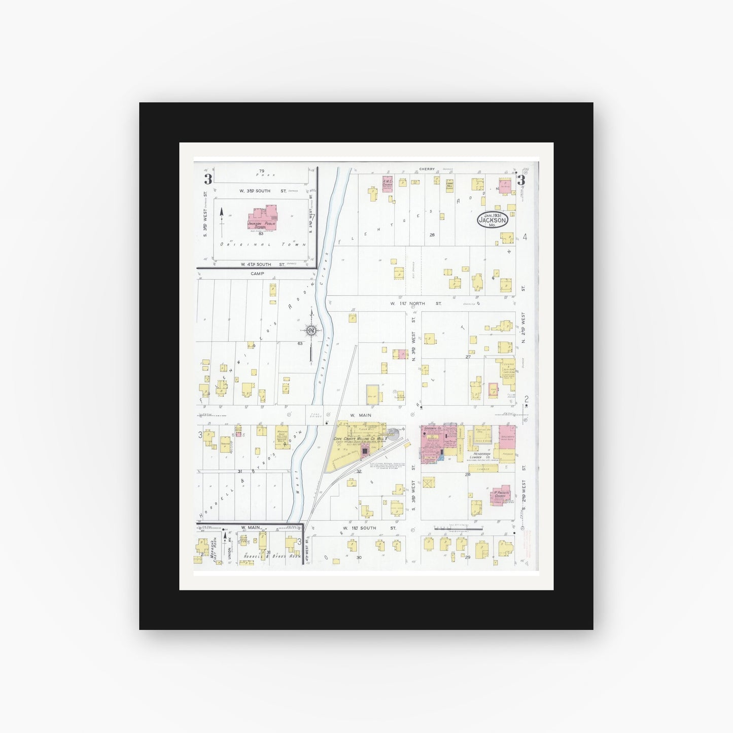 Old map wall art mockup — black gallery frame with white mat — Sanborn Fire Insurance Map from Jackson, Cape Girardeau County, Missouri (1931), Sheet #0003