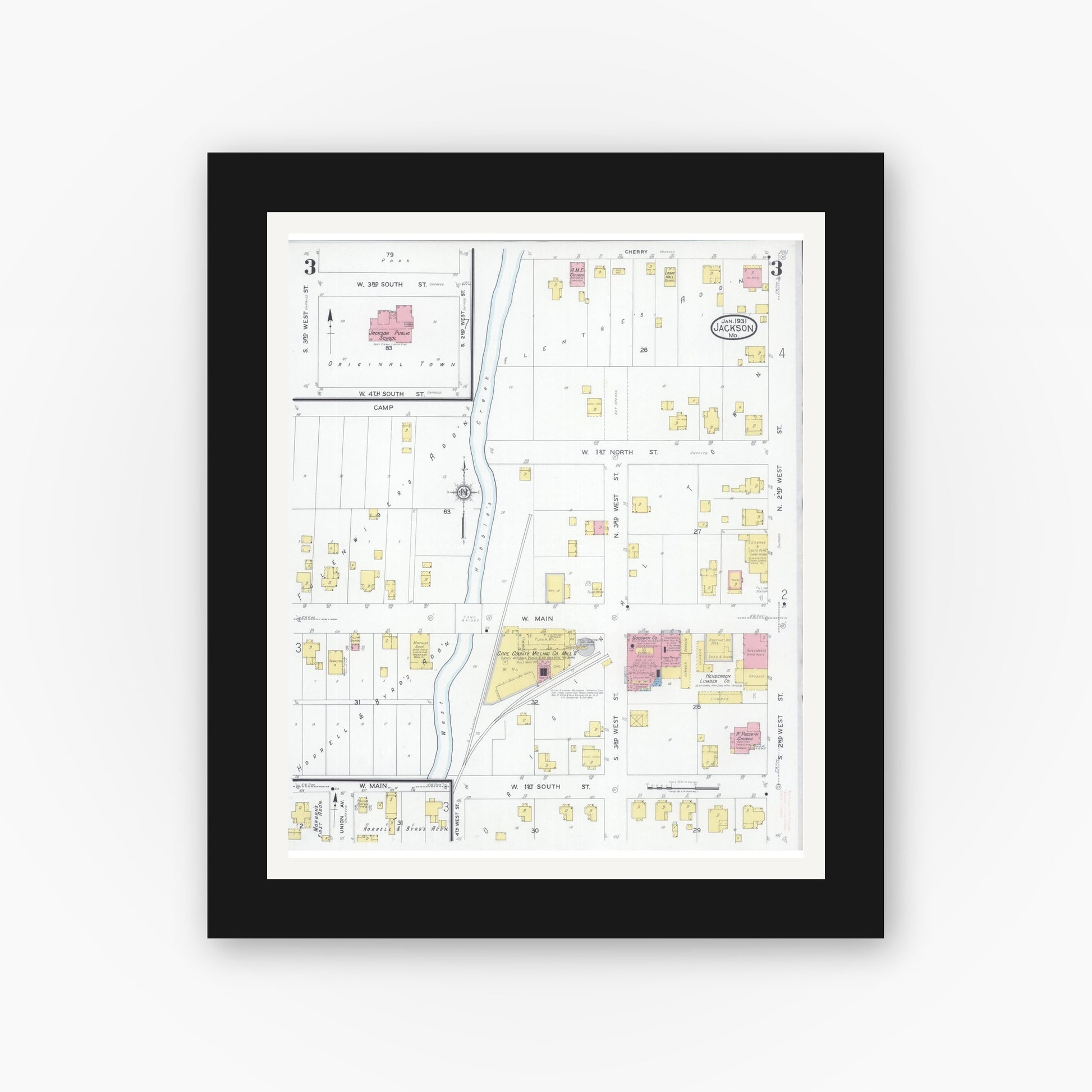 Old map wall art mockup — black gallery frame with white mat — Sanborn Fire Insurance Map from Jackson, Cape Girardeau County, Missouri (1931), Sheet #0003