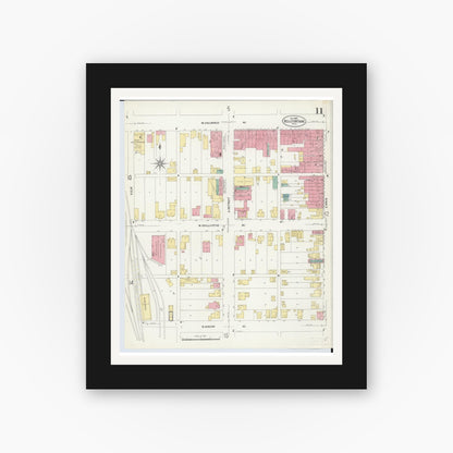 Old map wall art mockup — black gallery frame with white mat — Sanborn Fire Insurance Map from Bellefontaine, Logan County, Ohio (1907), Sheet #0011