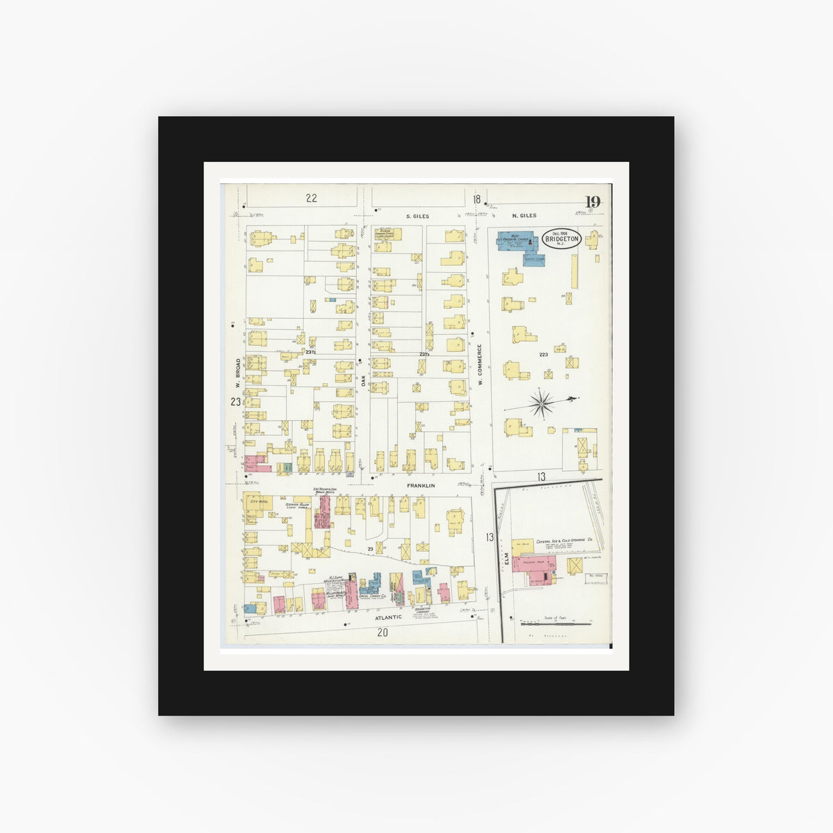 Old map wall art mockup — black gallery frame with white mat — Sanborn Fire Insurance Map from Bridgeton, Cumberland County, New Jersey (1908), Sheet #0019
