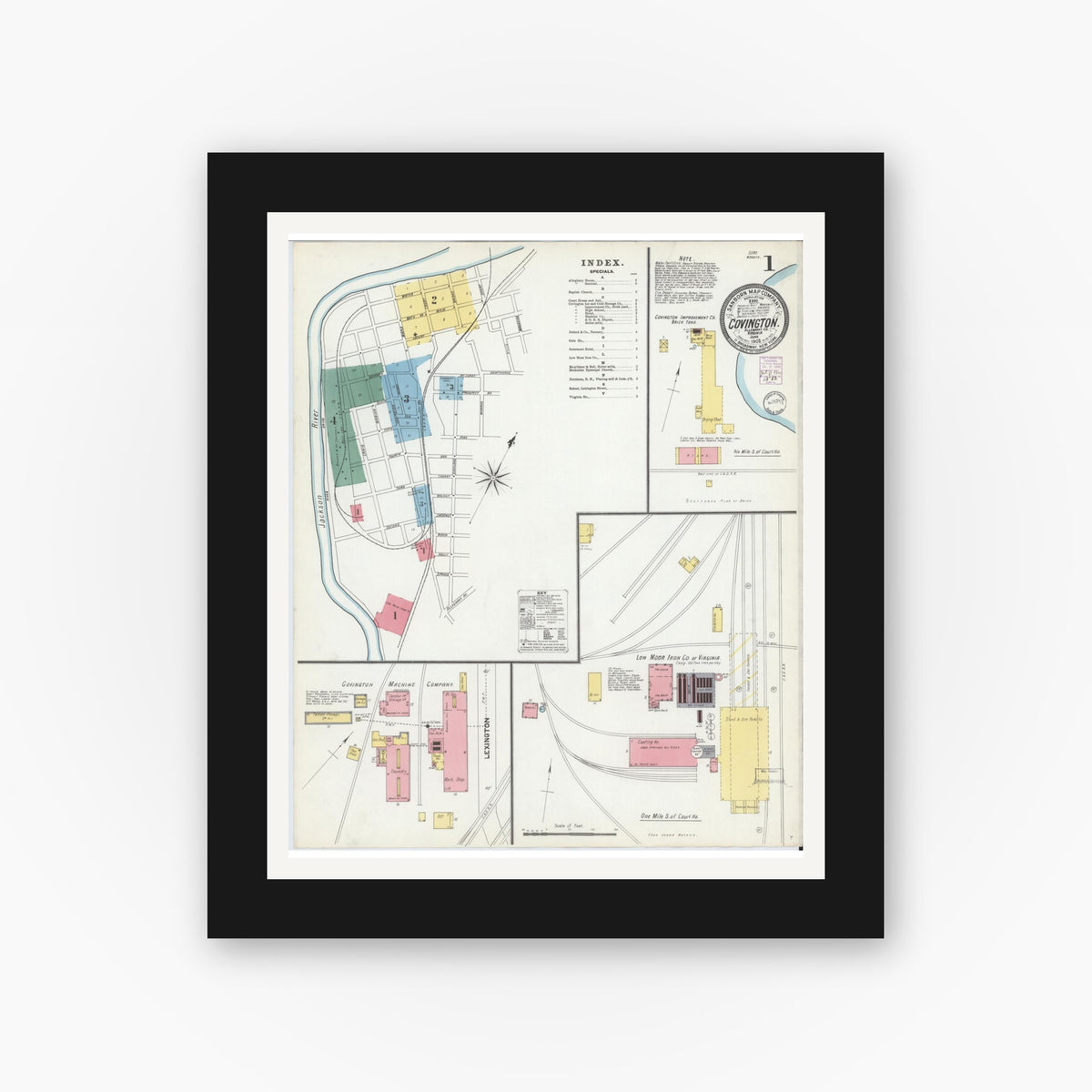 Old map wall art mockup — black gallery frame with white mat — Sanborn Fire Insurance Map from Covington, Independent Cities, Virginia (1902) - Complete Map Set