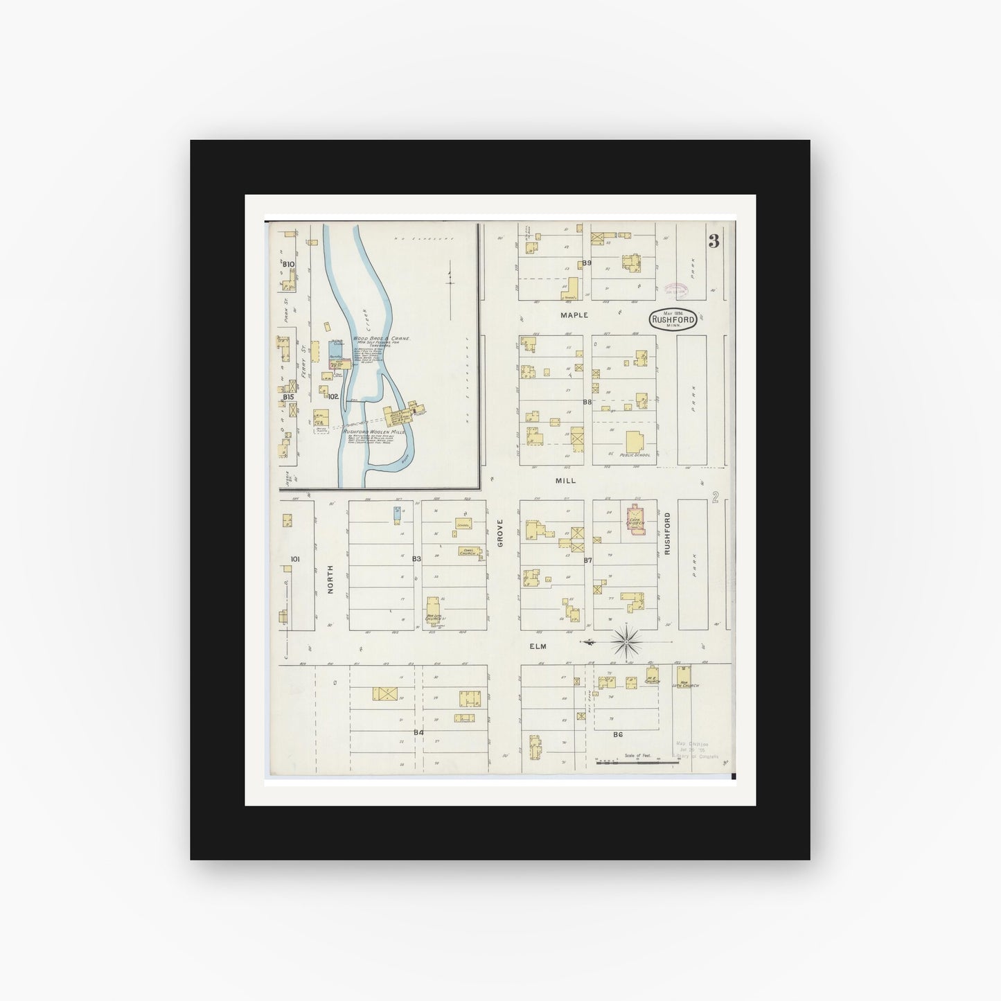 Old map wall art mockup — black gallery frame with white mat — Sanborn Fire Insurance Map from Rushford, Fillmore County, Minnesota (1894), Sheet #0003