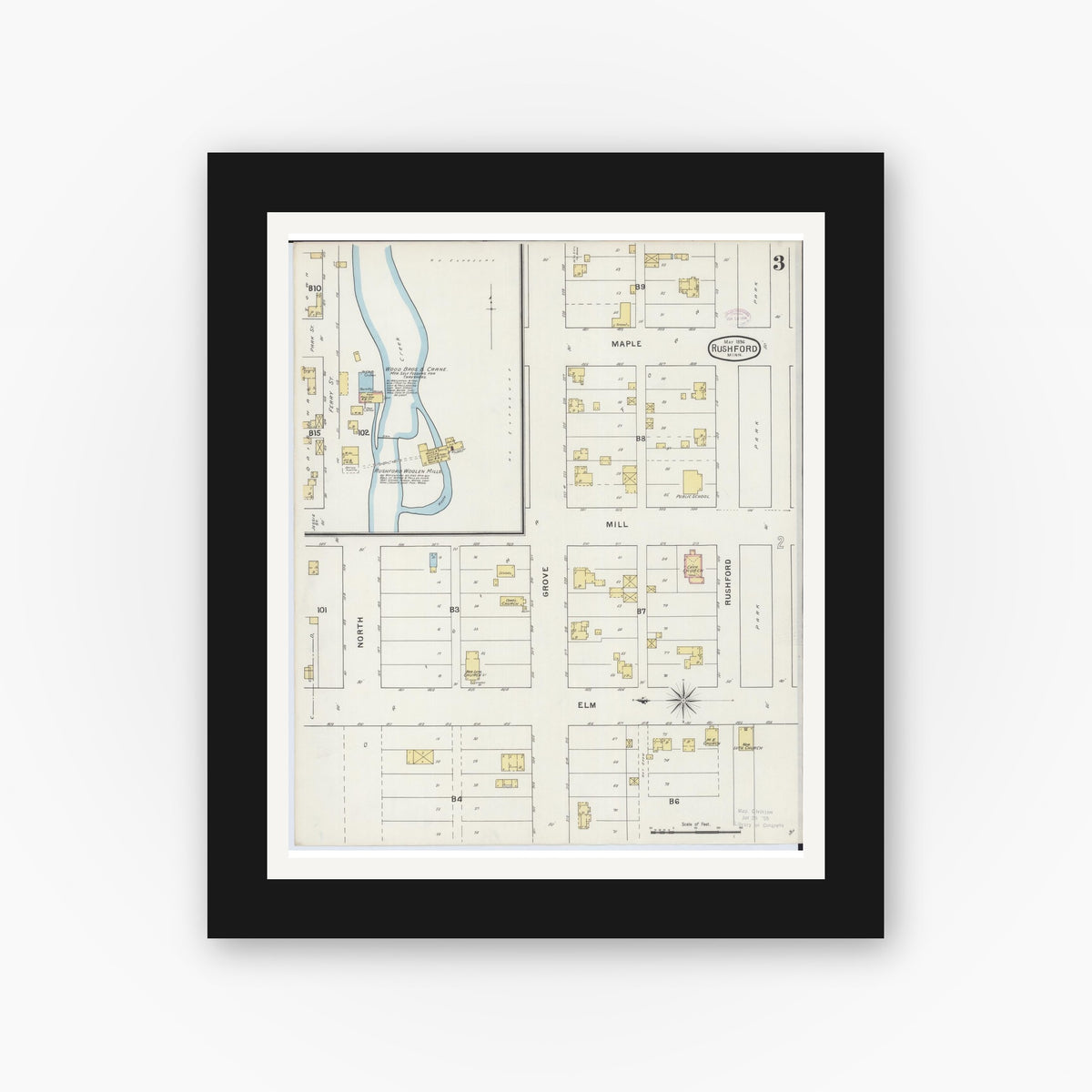 Old map wall art mockup — black gallery frame with white mat — Sanborn Fire Insurance Map from Rushford, Fillmore County, Minnesota (1894), Sheet #0003