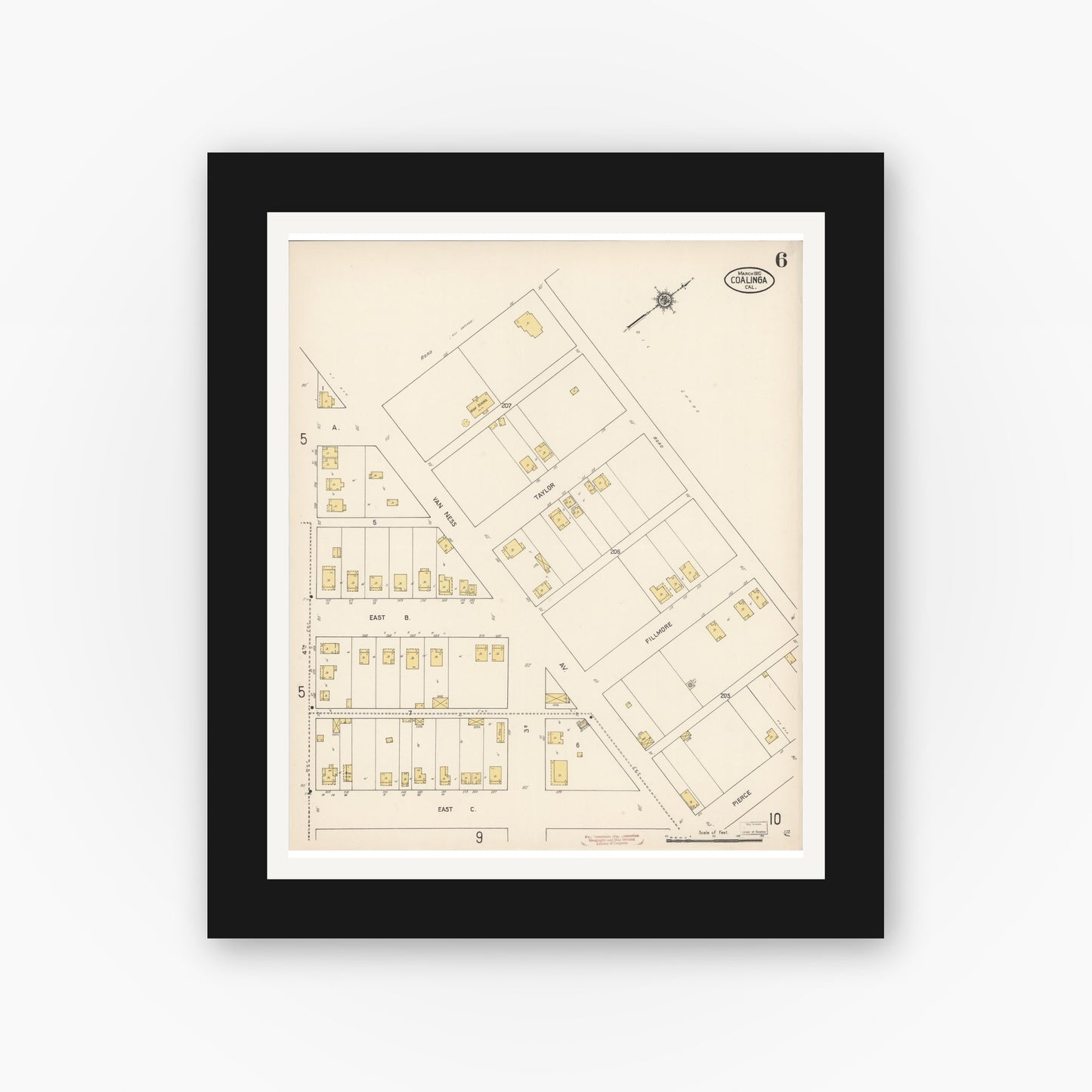 Old map wall art mockup — black gallery frame with white mat — Sanborn Fire Insurance Map from Coalinga, Fresno County, California (1910), Sheet #0006