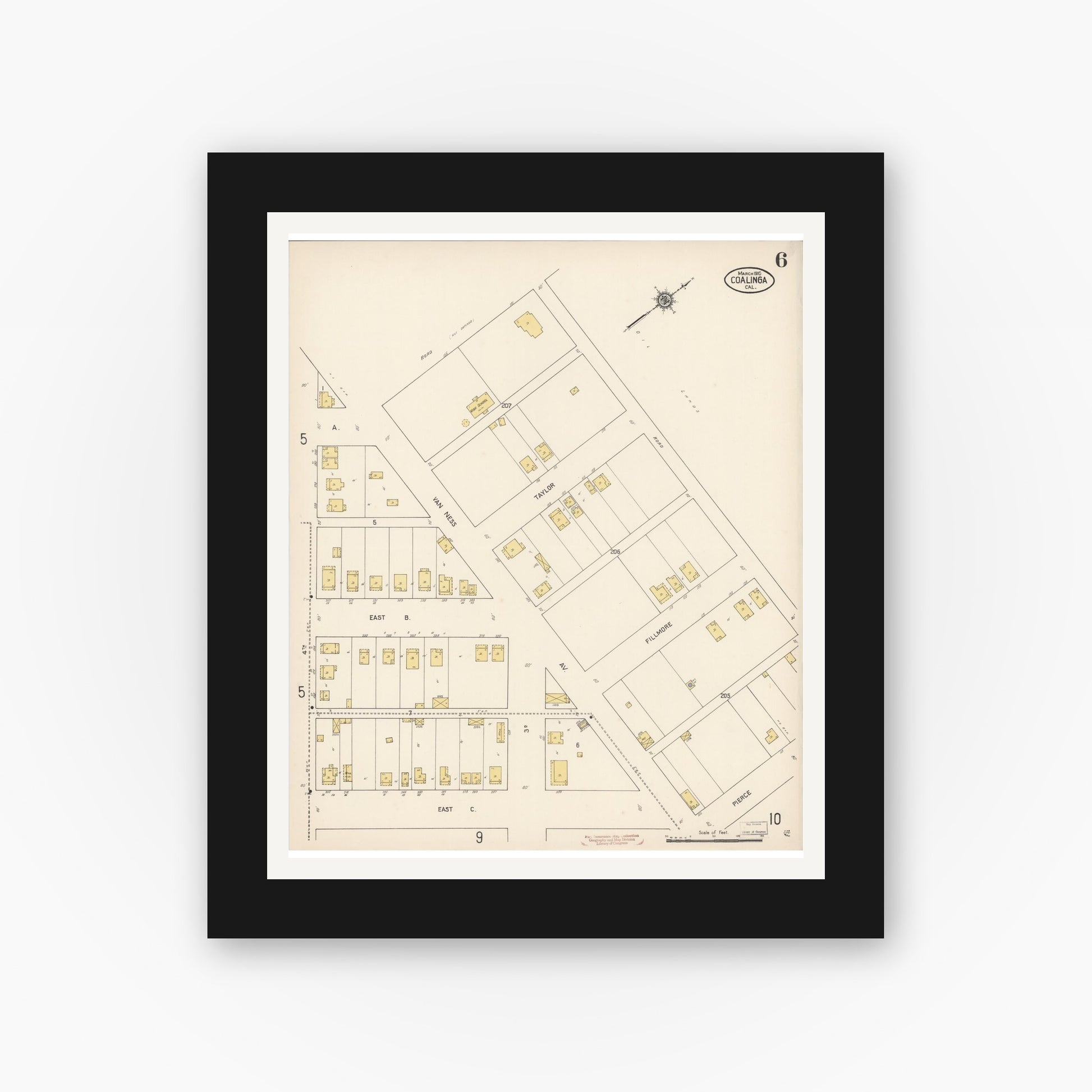 Old map wall art mockup — black gallery frame with white mat — Sanborn Fire Insurance Map from Coalinga, Fresno County, California (1910), Sheet #0006