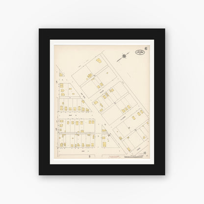 Old map wall art mockup — black gallery frame with white mat — Sanborn Fire Insurance Map from Coalinga, Fresno County, California (1910), Sheet #0006