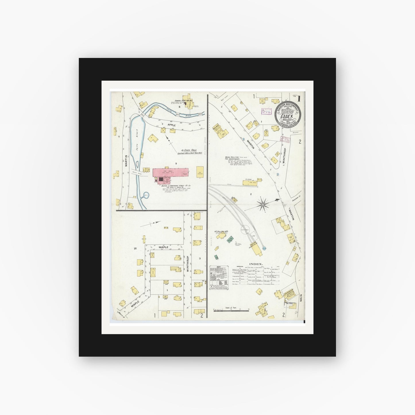 Old map wall art mockup — black gallery frame with white mat — Sanborn Fire Insurance Map from Essex, Essex County, Massachusetts (1909), Sheet #0001