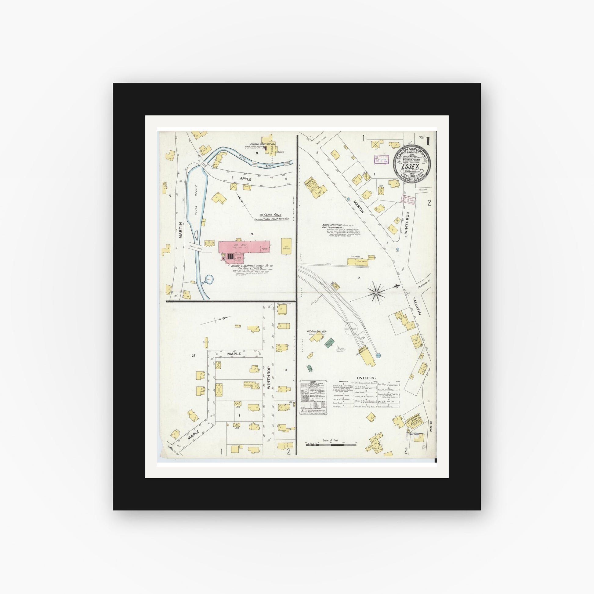 Old map wall art mockup — black gallery frame with white mat — Sanborn Fire Insurance Map from Essex, Essex County, Massachusetts (1909), Sheet #0001