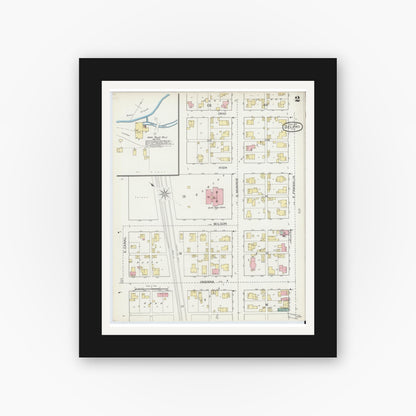 Old map wall art mockup — black gallery frame with white mat — Sanborn Fire Insurance Map from Delphi, Carroll County, Indiana (1893), Sheet #0002