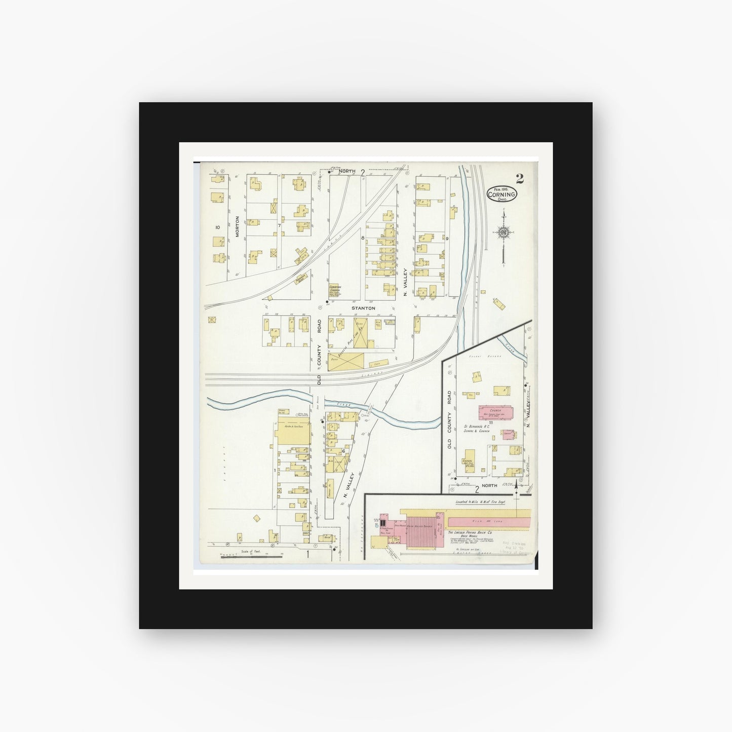 Old map wall art mockup — black gallery frame with white mat — Sanborn Fire Insurance Map from Corning, Perry County, Ohio (1916), Sheet #0002
