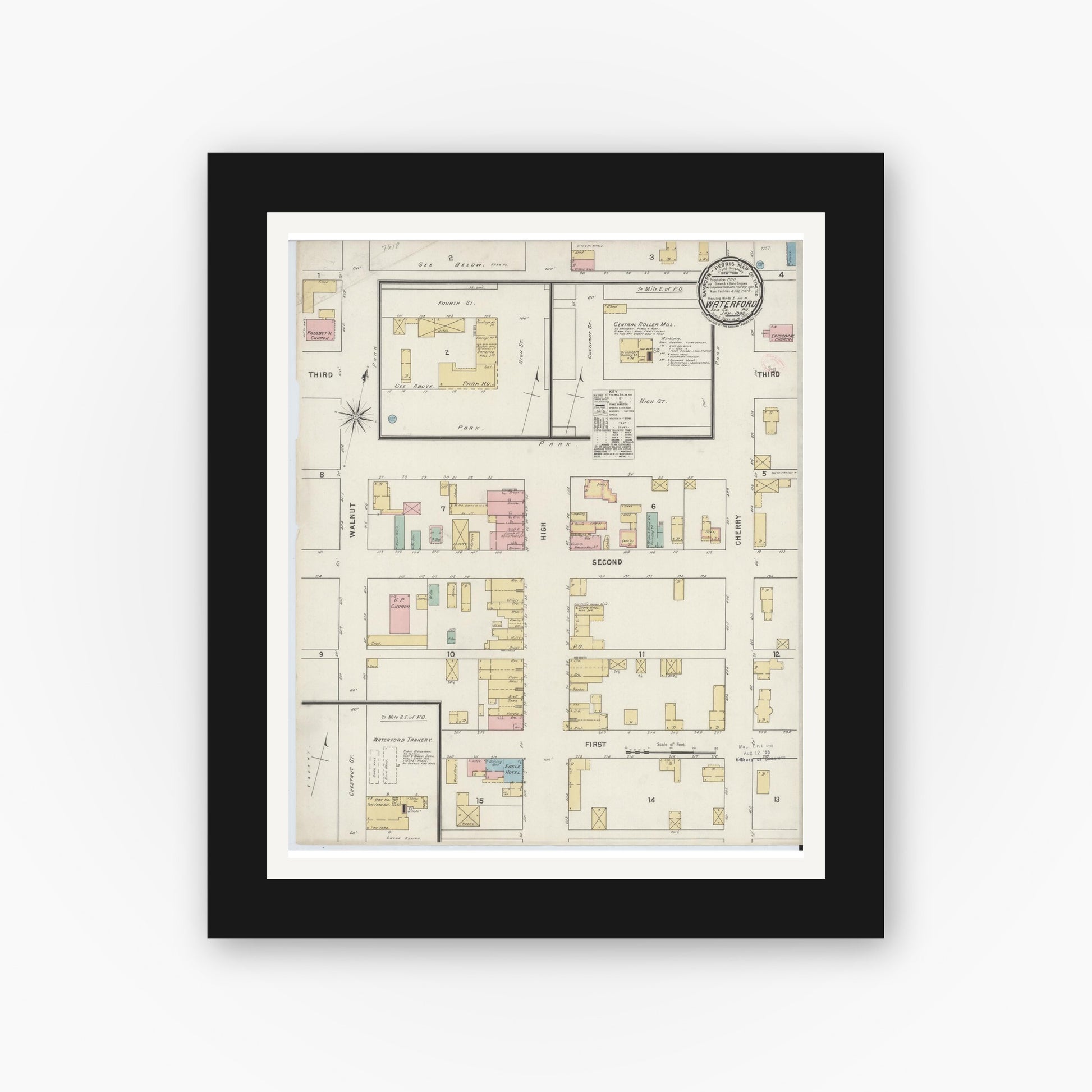 Old map wall art mockup — black gallery frame with white mat — Sanborn Fire Insurance Map from Waterford, Erie County, Pennsylvania (1895), Sheet #0001