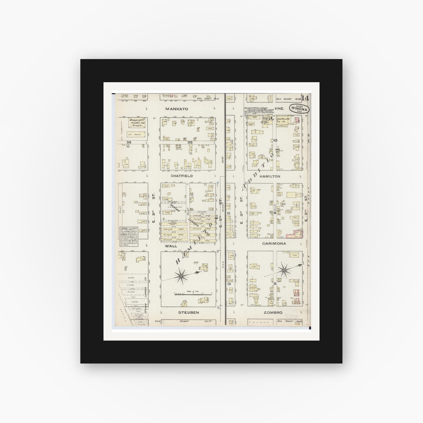 Old map wall art mockup — black gallery frame with white mat — Sanborn Fire Insurance Map from Winona, Winona County, Minnesota (1884), Sheet #0014