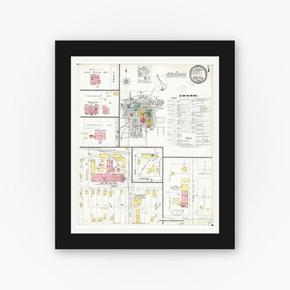 Old map wall art mockup — black gallery frame with white mat — Sanborn Fire Insurance Map from Fairfield, Jefferson County, Iowa (1899) â€” Complete Set