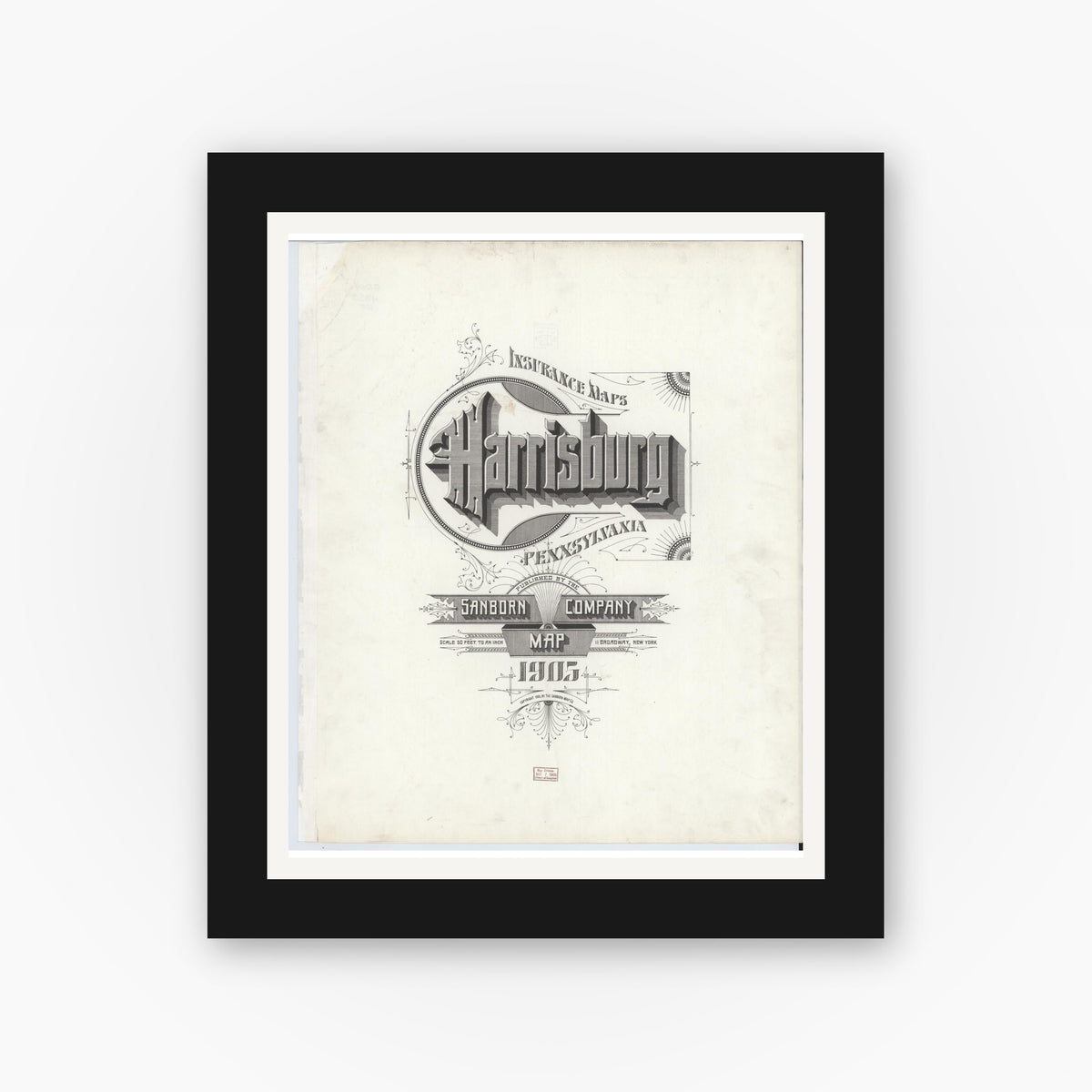 Old map wall art mockup — black gallery frame with white mat — Sanborn Fire Insurance Map from Harrisburg, Dauphin County, Pennsylvania (1905), Sheet #0001