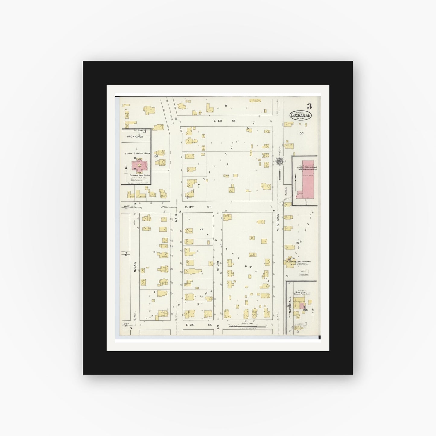 Old map wall art mockup — black gallery frame with white mat — Sanborn Fire Insurance Map from Buchanan, Berrien County, Michigan (1917), Sheet #0003